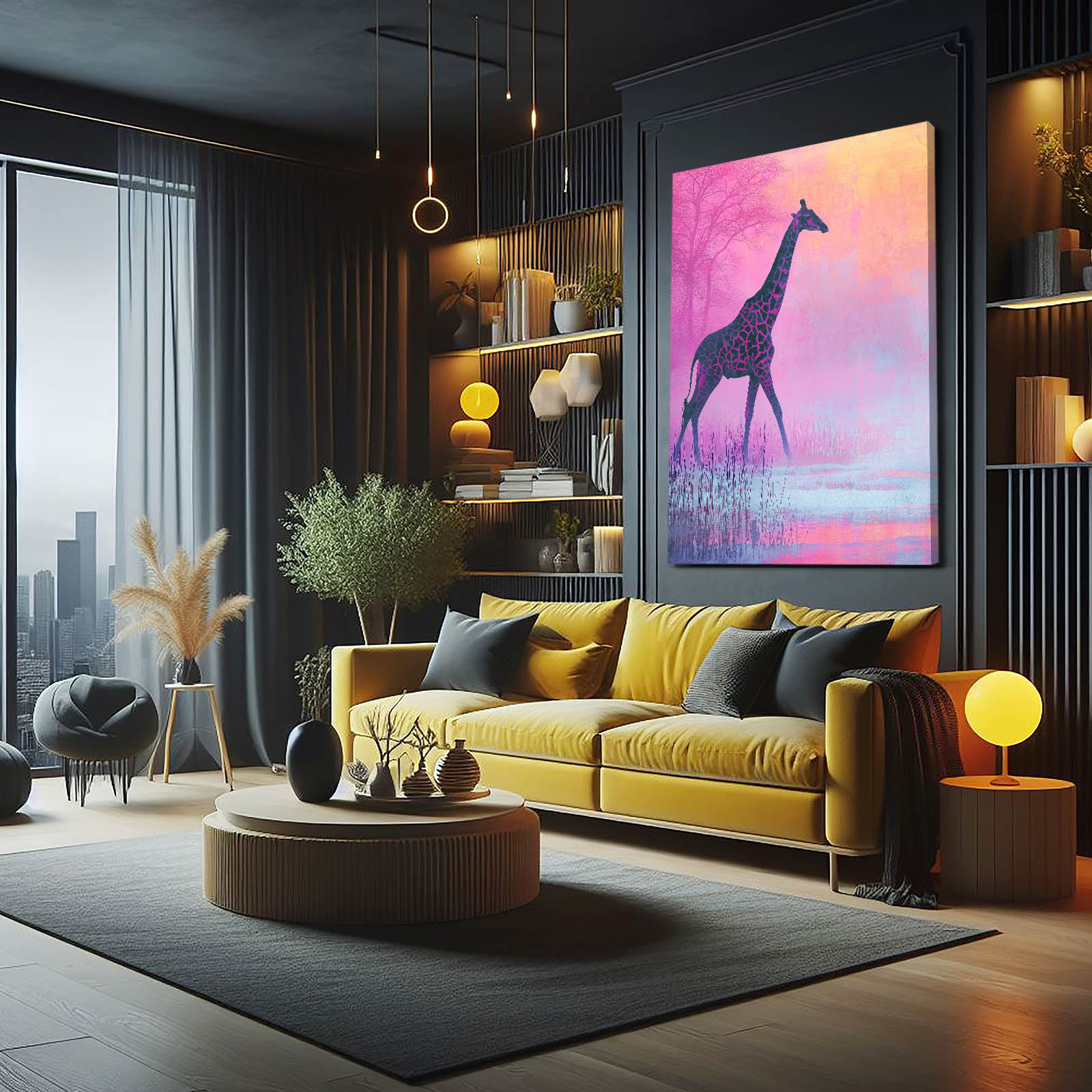 Modern living room with yellow sofa, coffee table, and decorative elements.