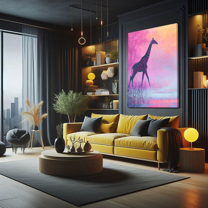 Modern living room with yellow sofa, coffee table, and decorative elements.
