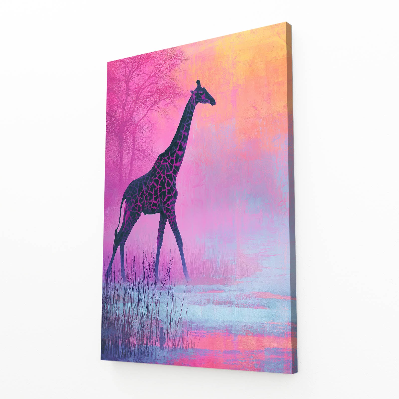 Canvas print of a giraffe against a colorful abstract background