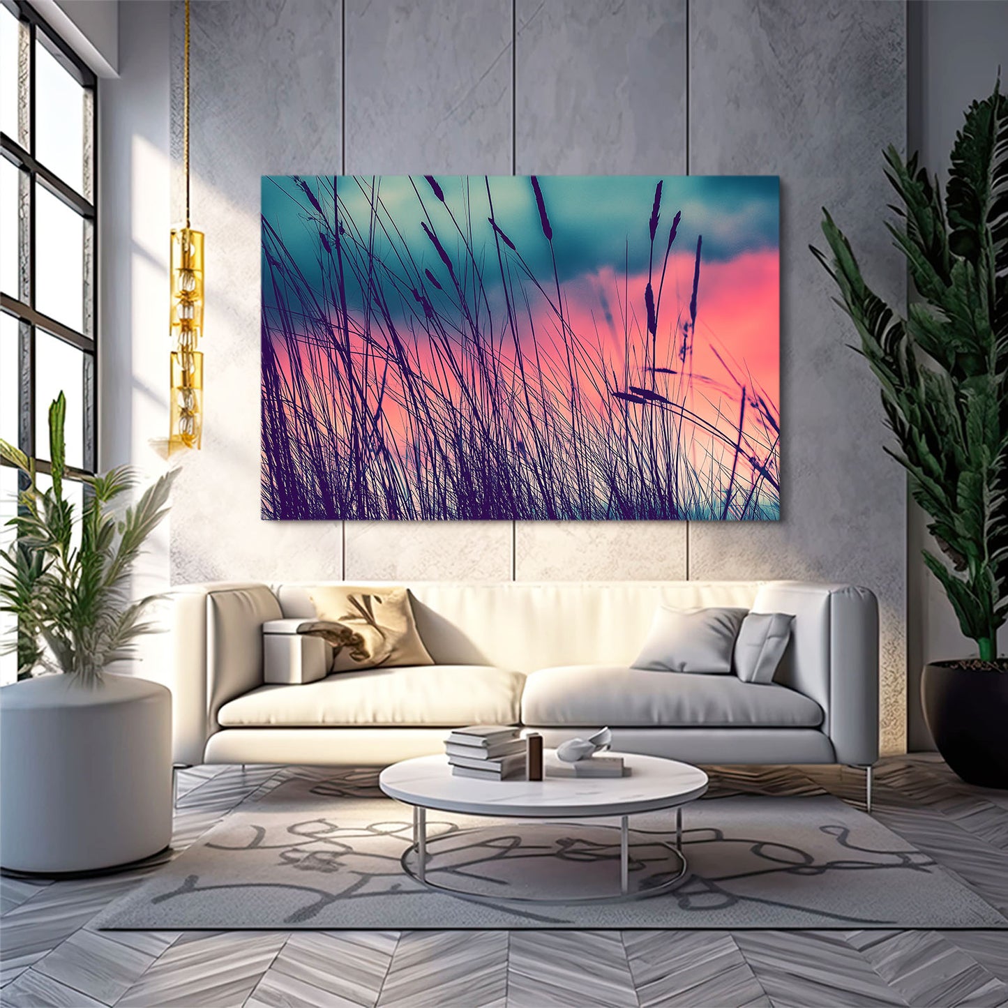 Purple Grass Field Photography Canvas – styled in a furnished interior