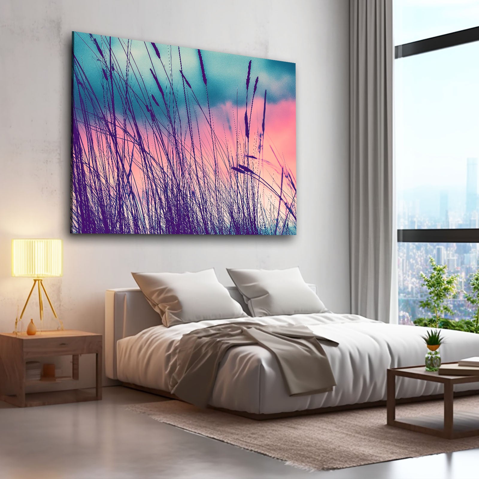 Purple Grass Field Photography Canvas – styled in a furnished interior