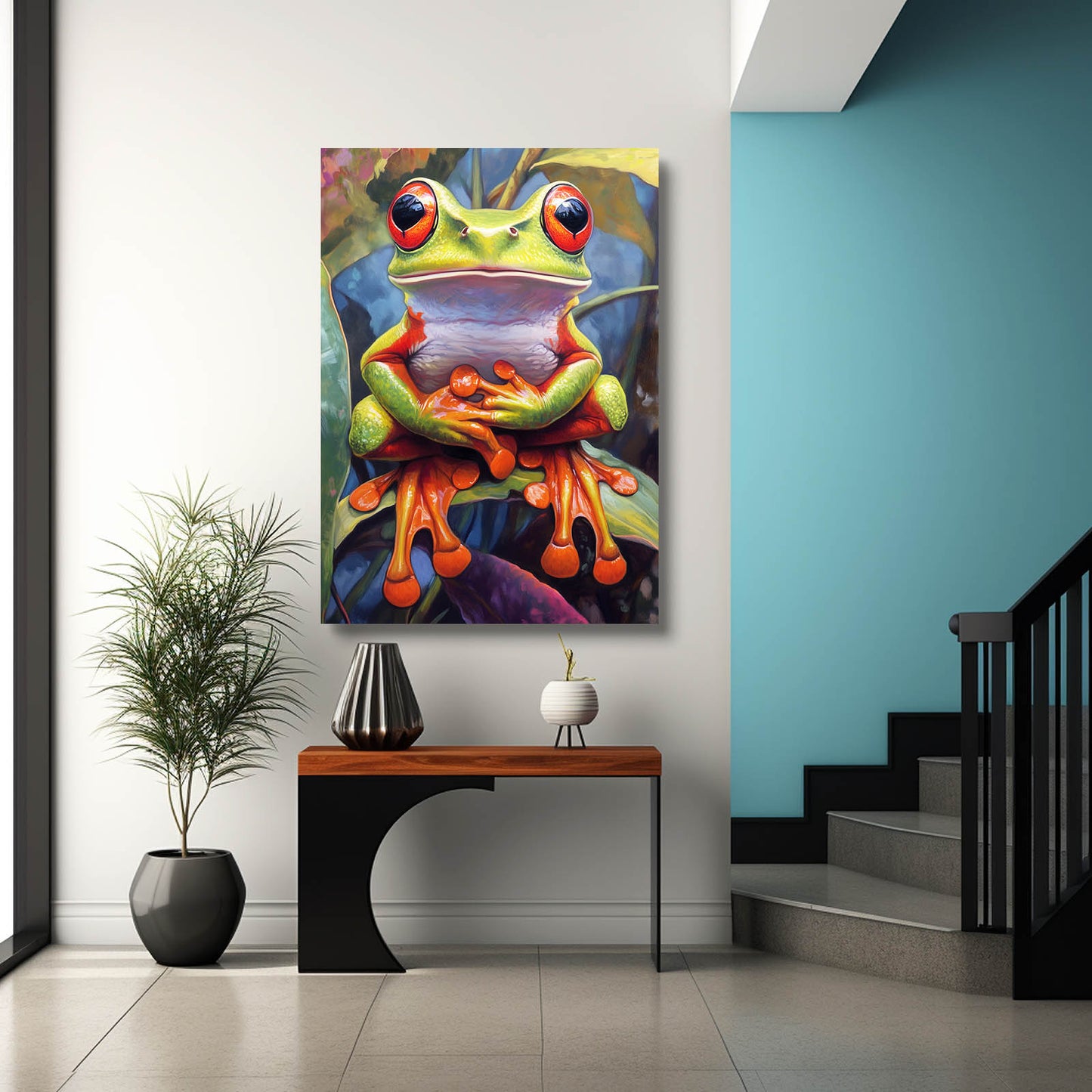 Purple Leaf Treefrog Frog Canvas – styled in a furnished interior