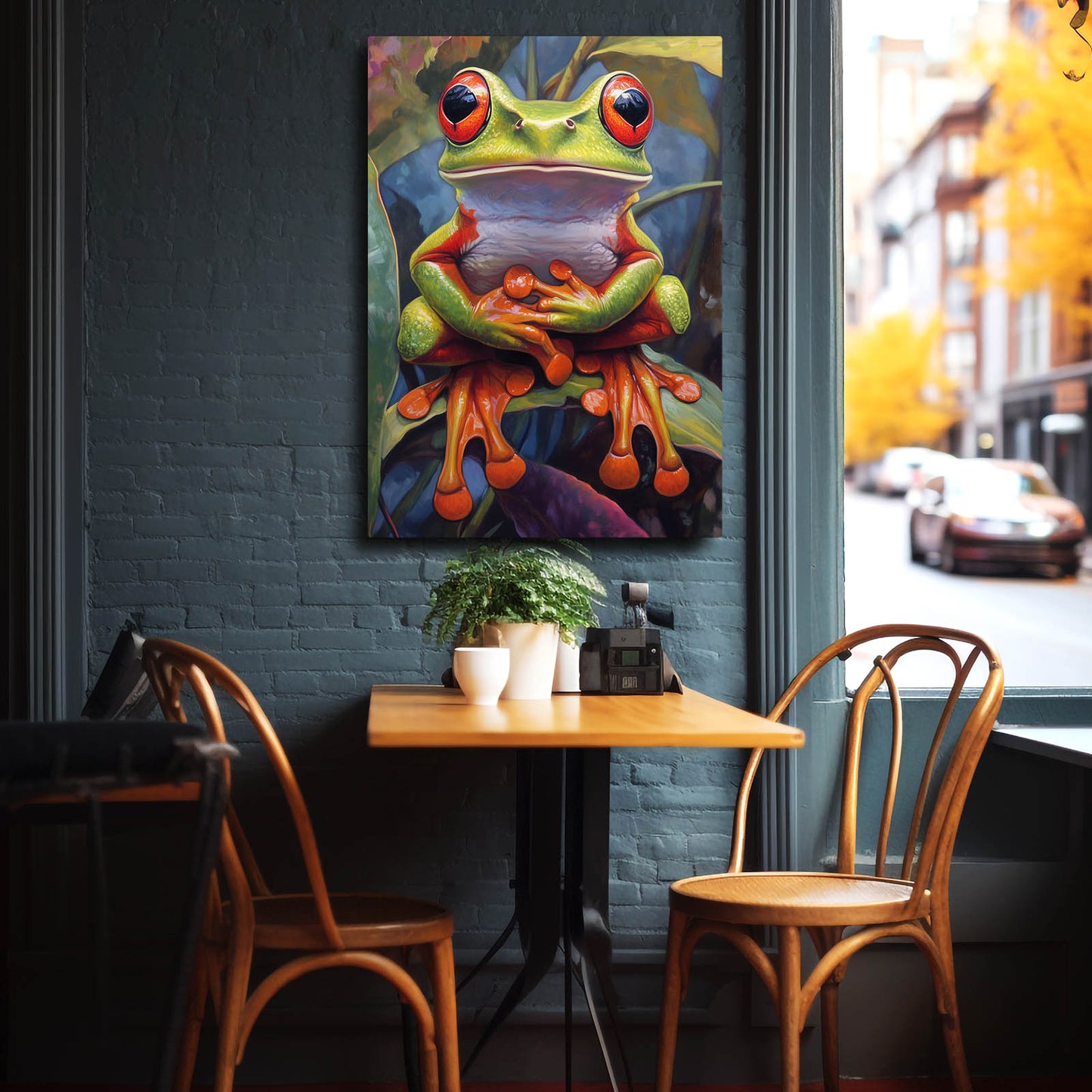 Purple Leaf Treefrog Frog Canvas – styled in a furnished interior