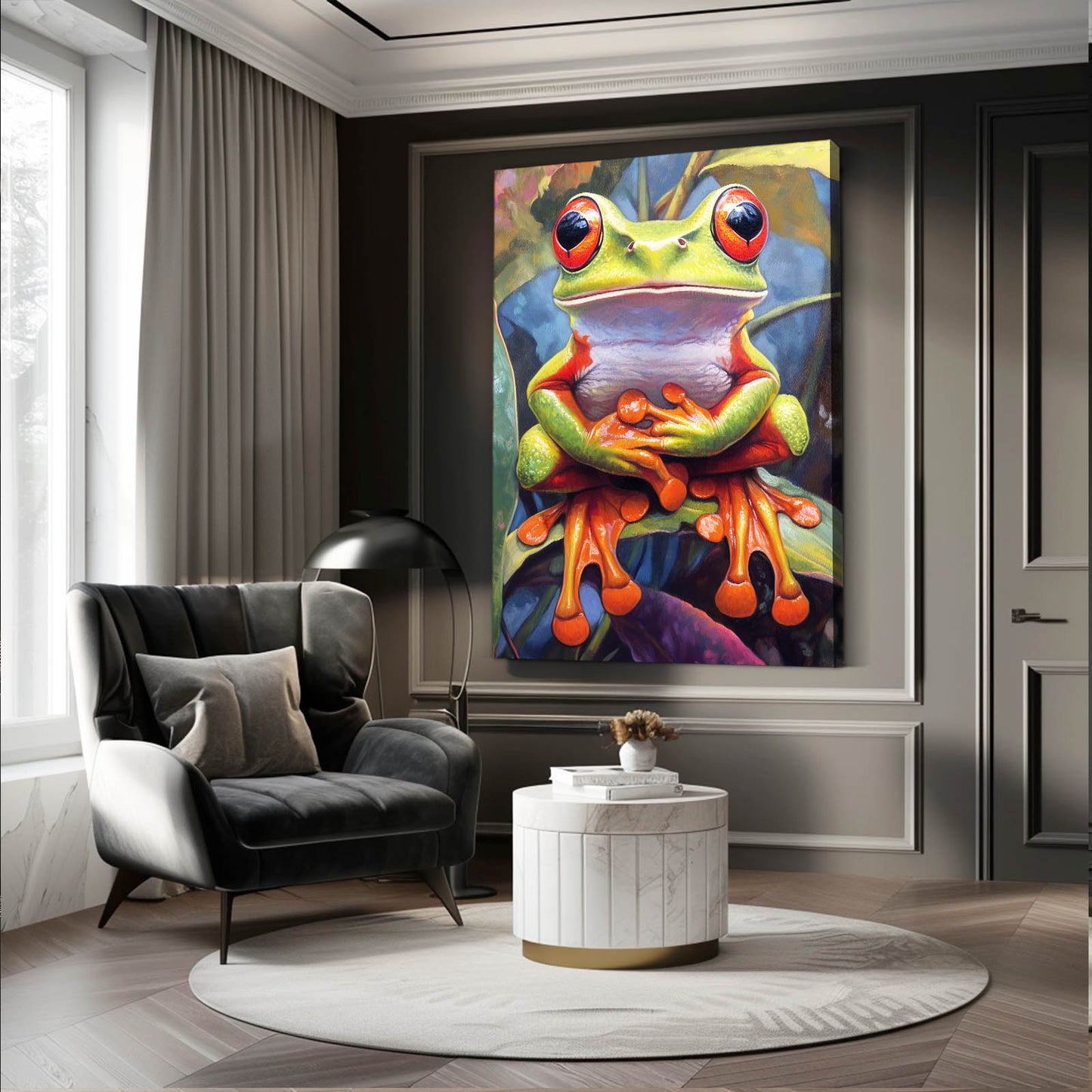 Purple Leaf Treefrog Frog Canvas – styled in a furnished interior