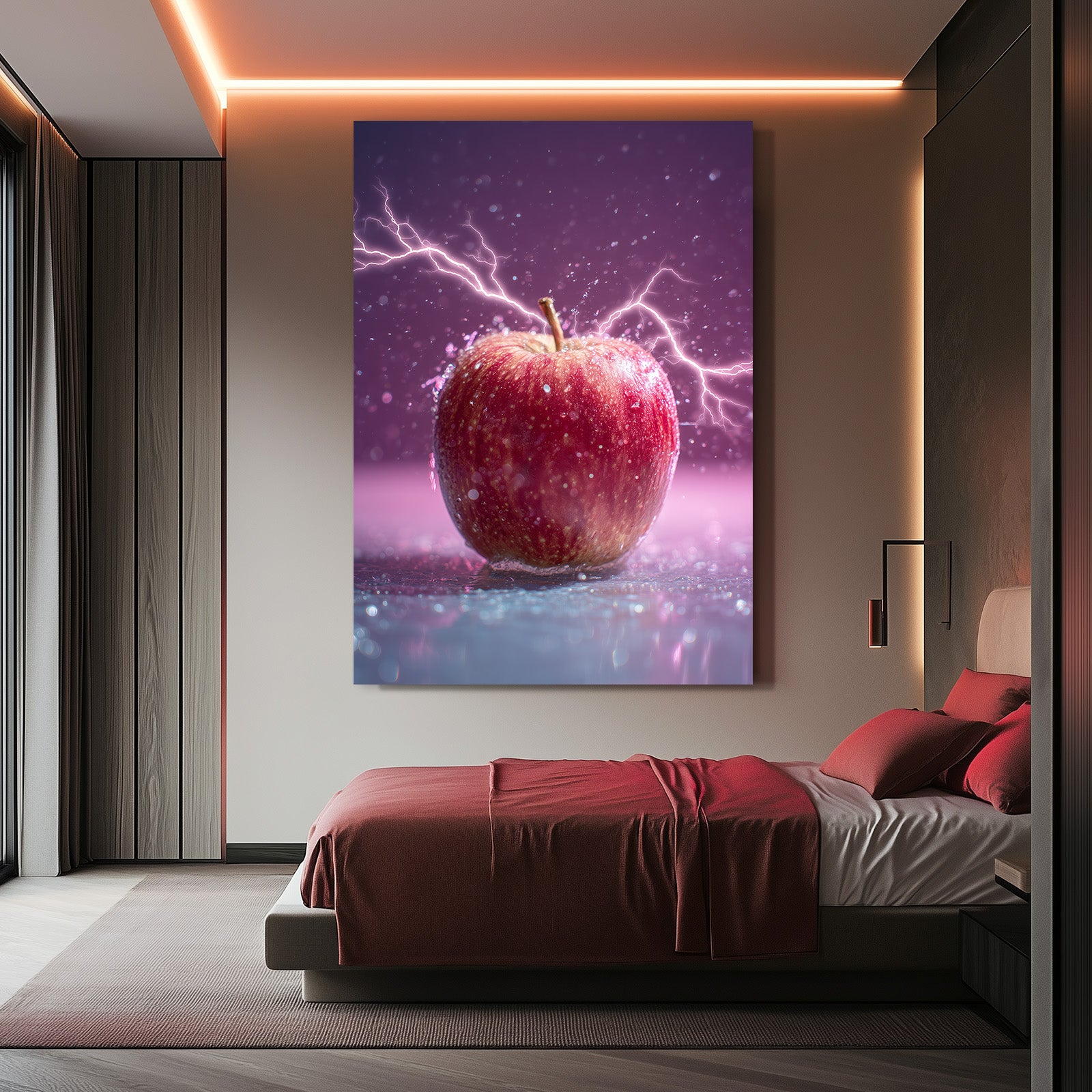 Purple Lightning Apple Art – styled in a furnished interior