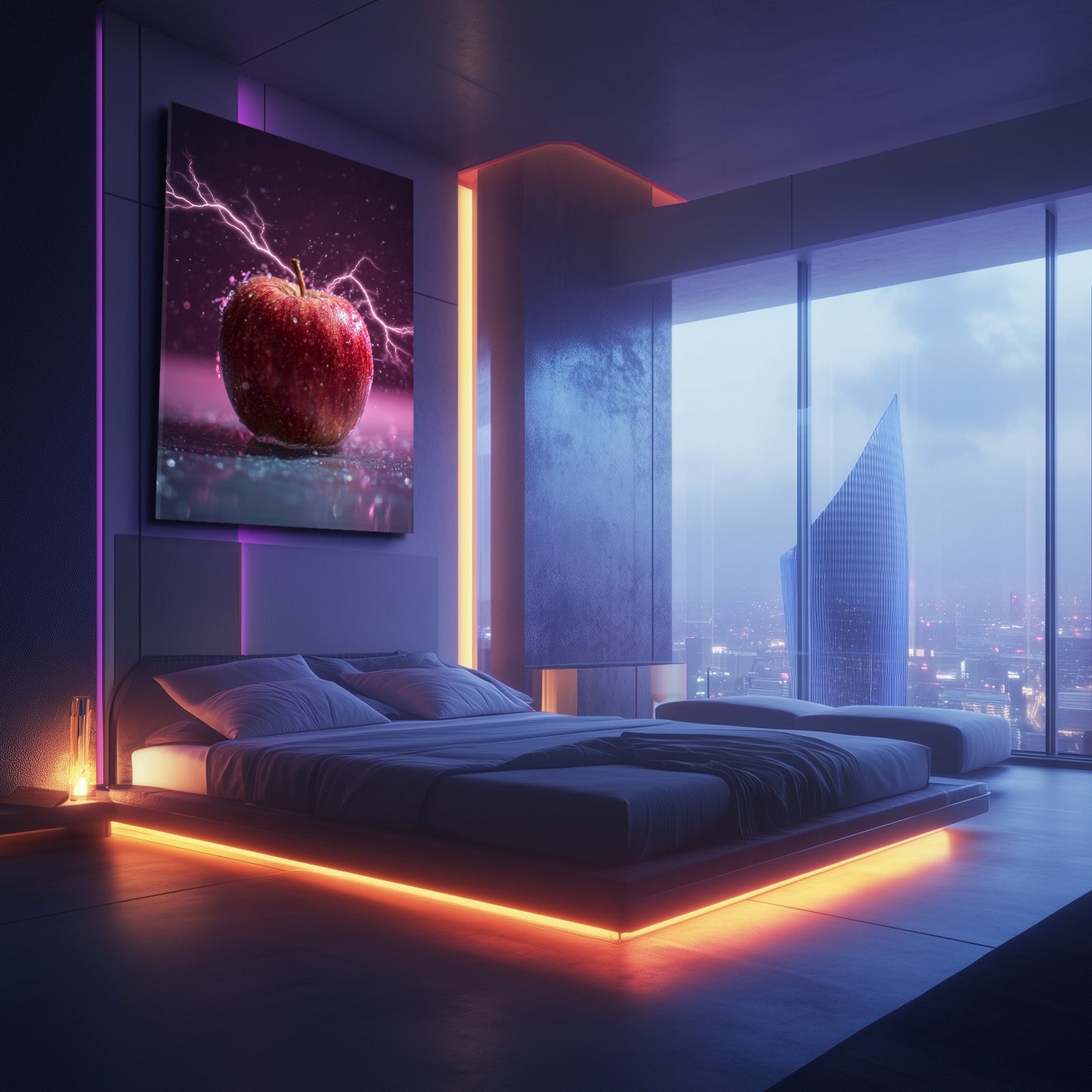 Purple Lightning Apple Art – styled in a furnished interior