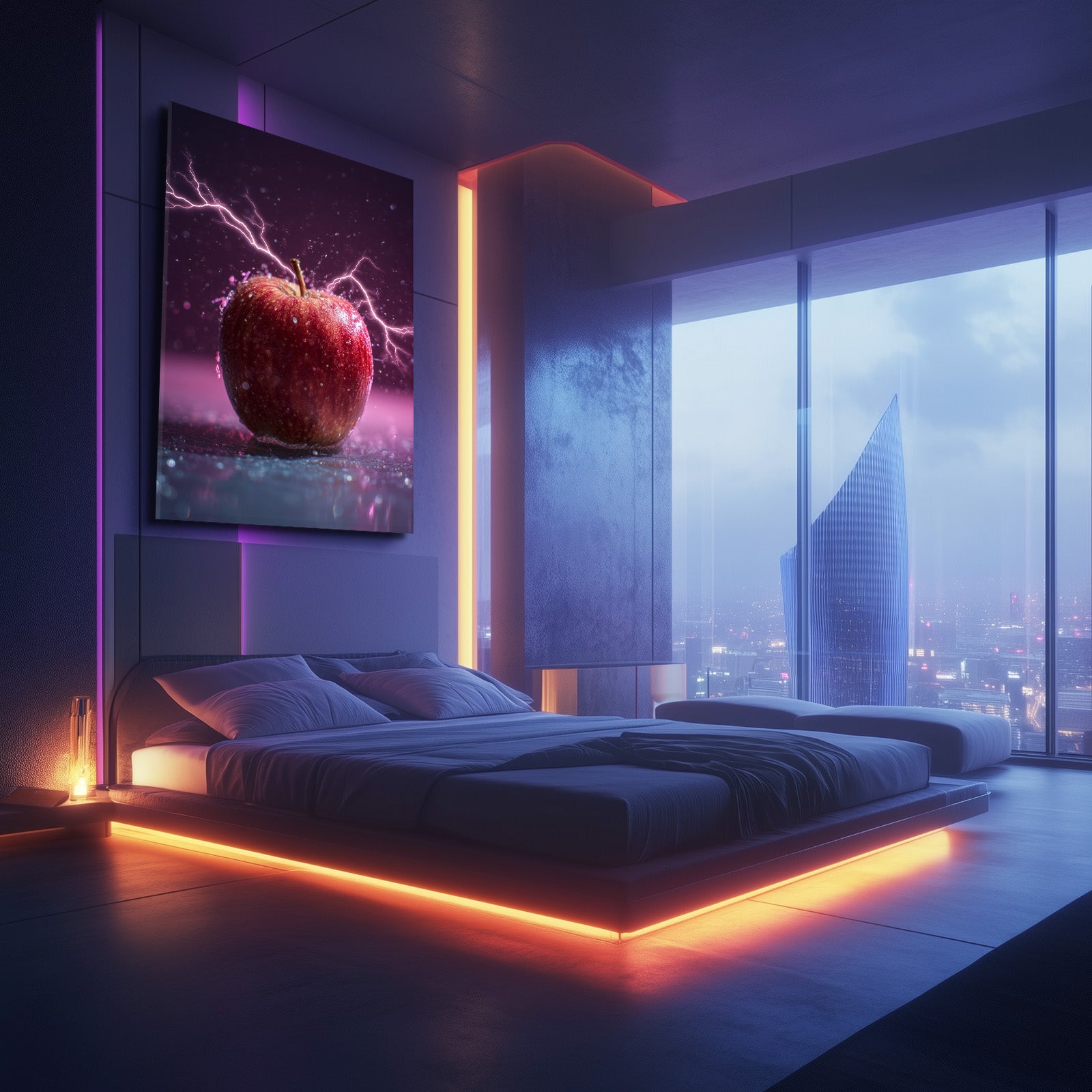 Purple Lightning Apple Art – styled in a furnished interior