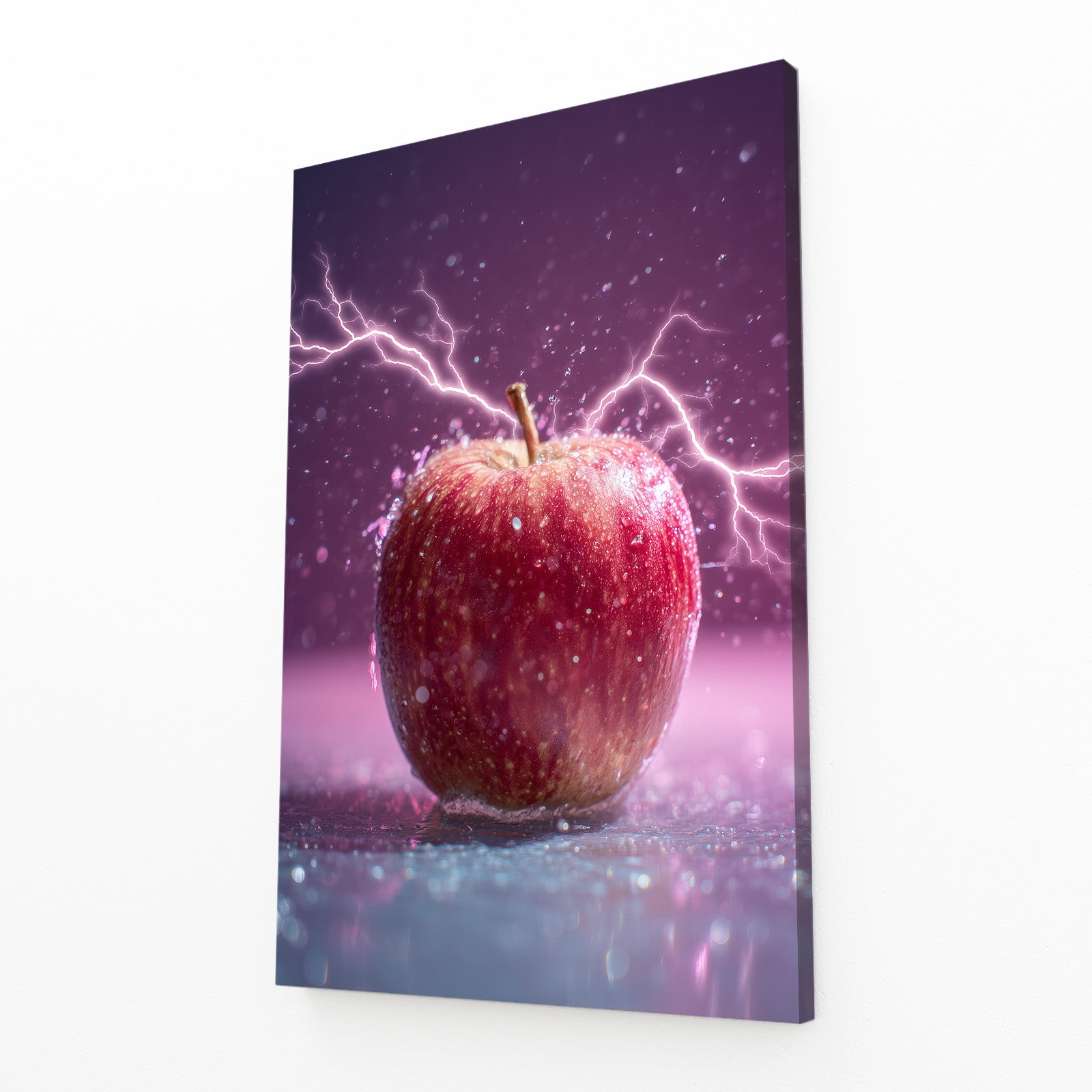 Purple Lightning Apple Art – angled canvas view on white background
