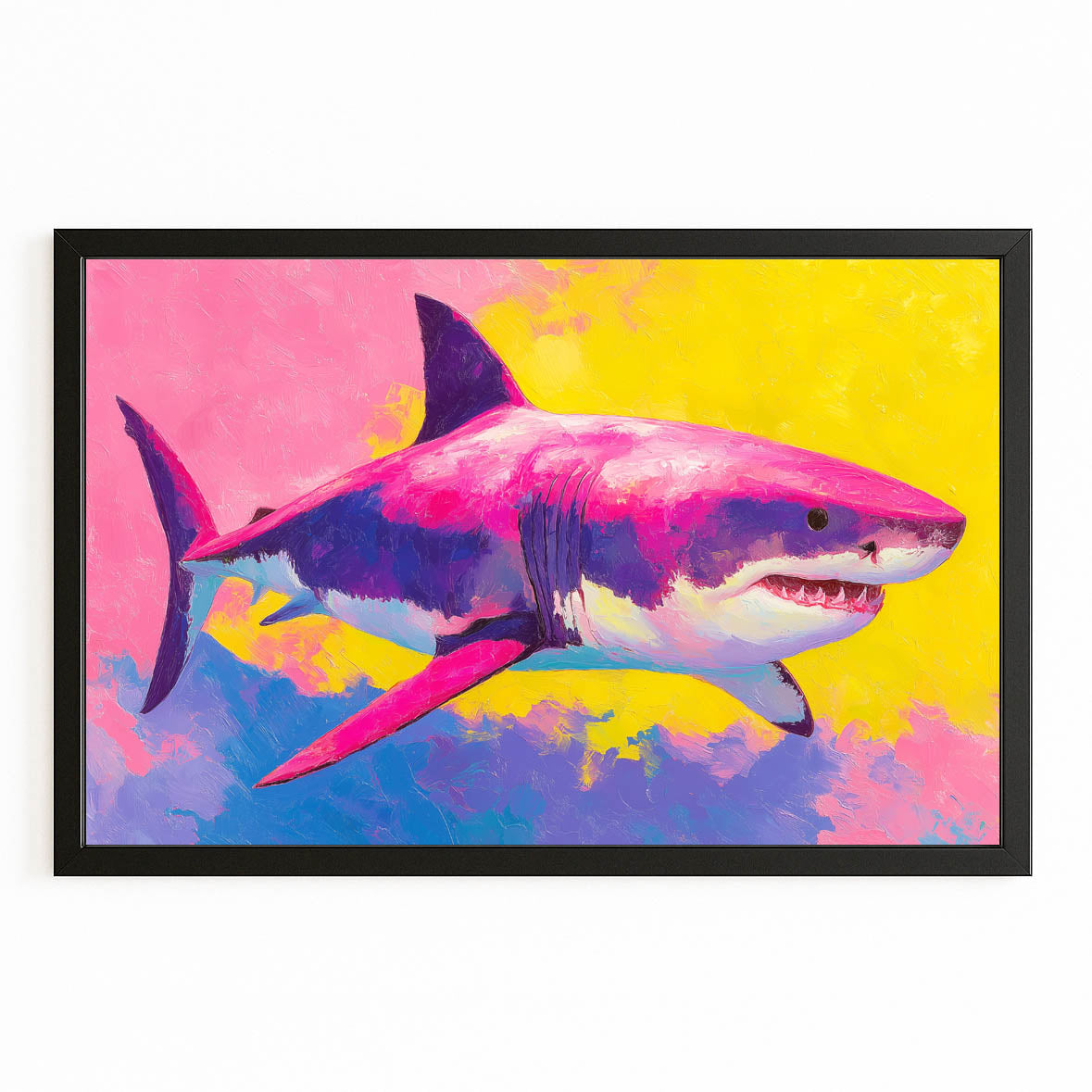 Purple Pop Splash Shark Wall Art – with Premium Black frame on white background
