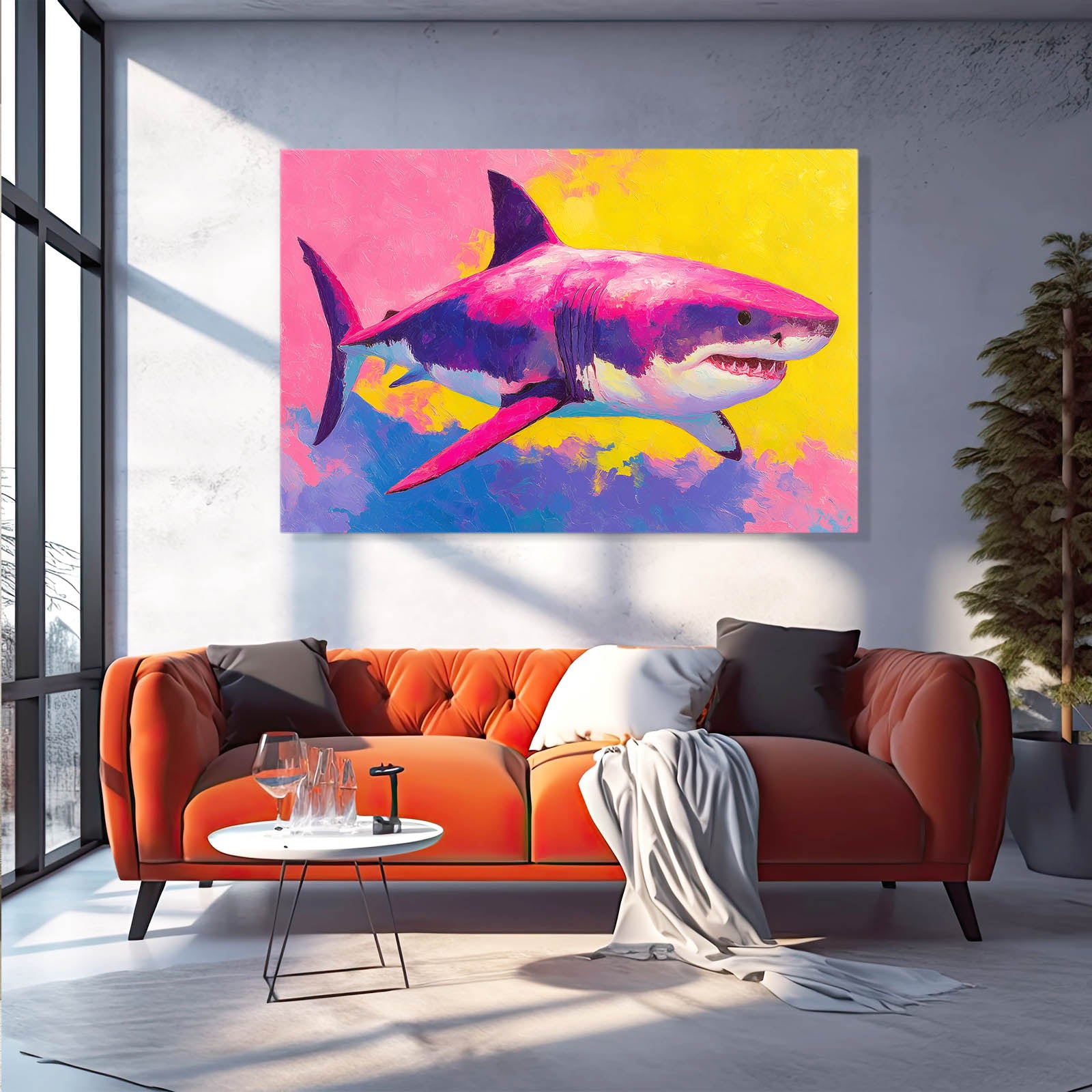 Purple Pop Splash Shark Wall Art – styled in a furnished interior