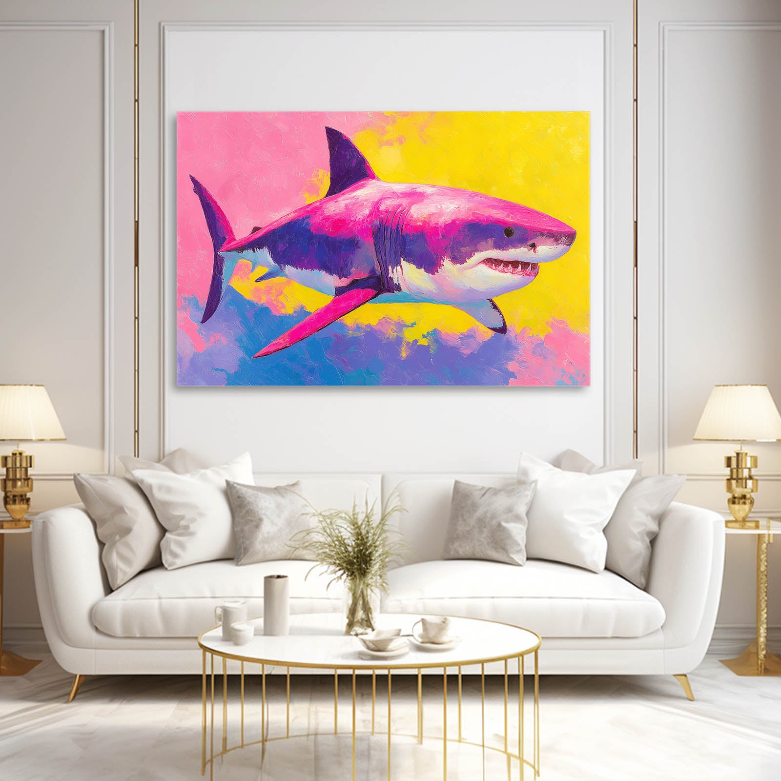 Purple Pop Splash Shark Wall Art – styled in a furnished interior