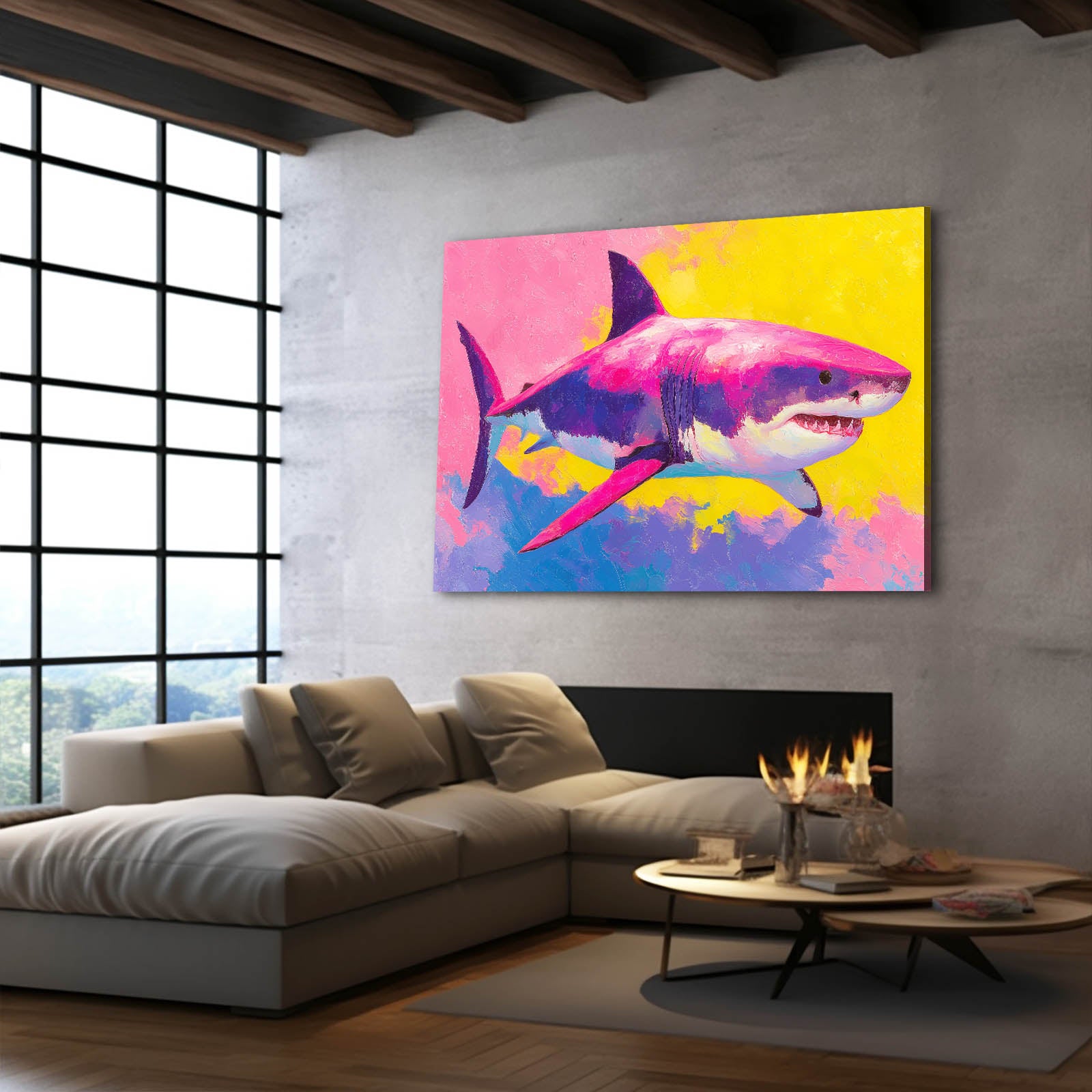 Purple Pop Splash Shark Wall Art – styled in a furnished interior