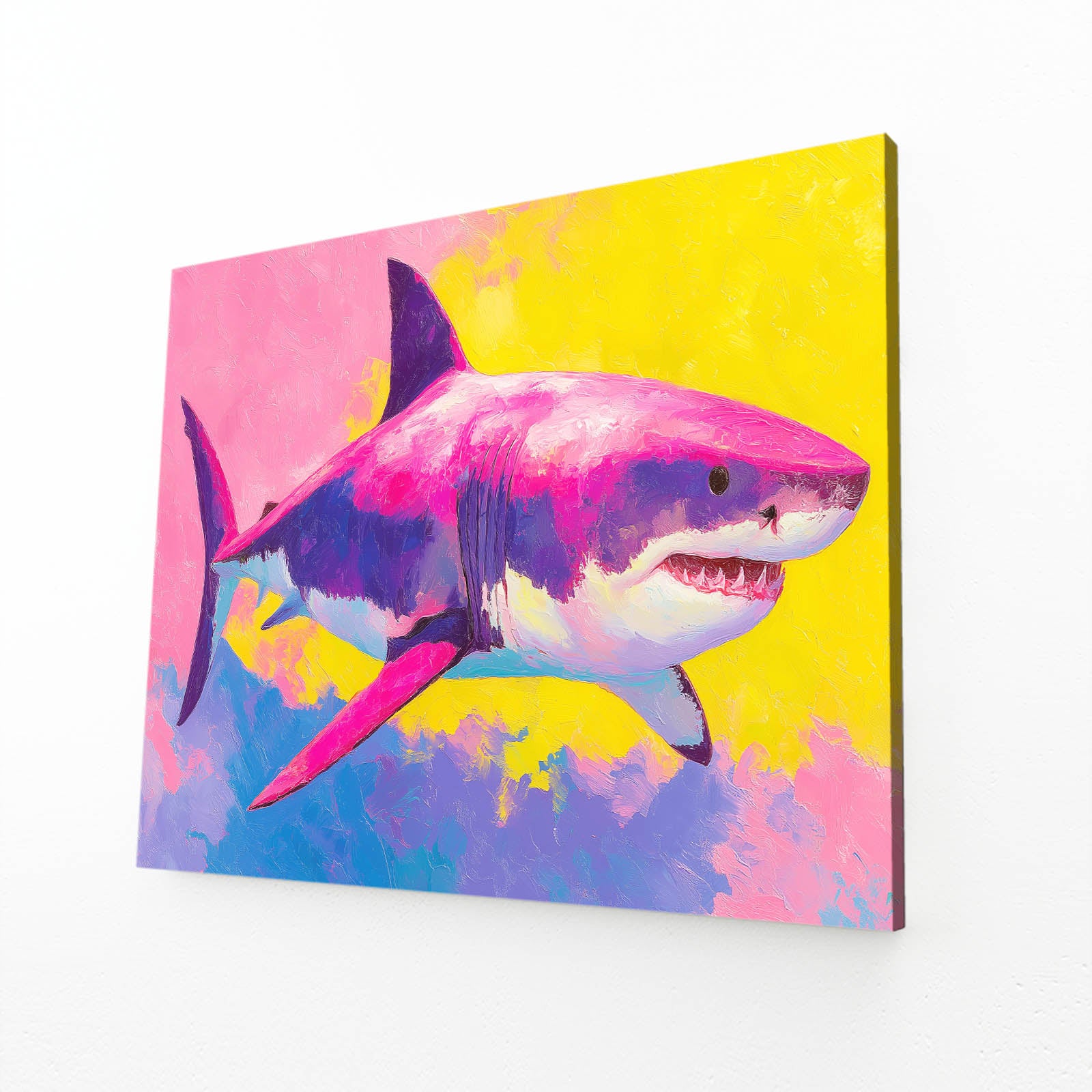 Purple Pop Splash Shark Wall Art – angled canvas view on white background