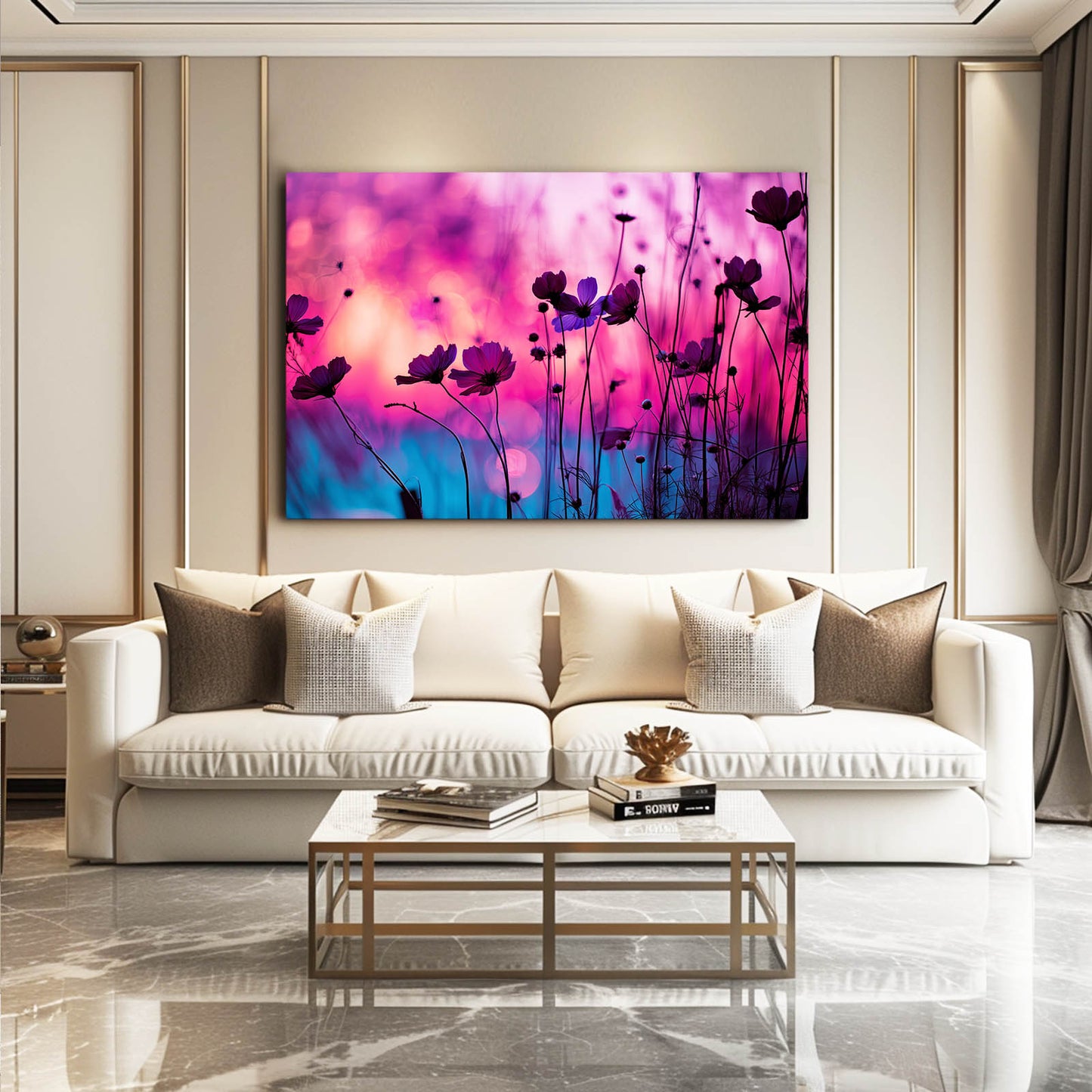 Purple Wildflower Night Photography Canvas – styled in a furnished interior