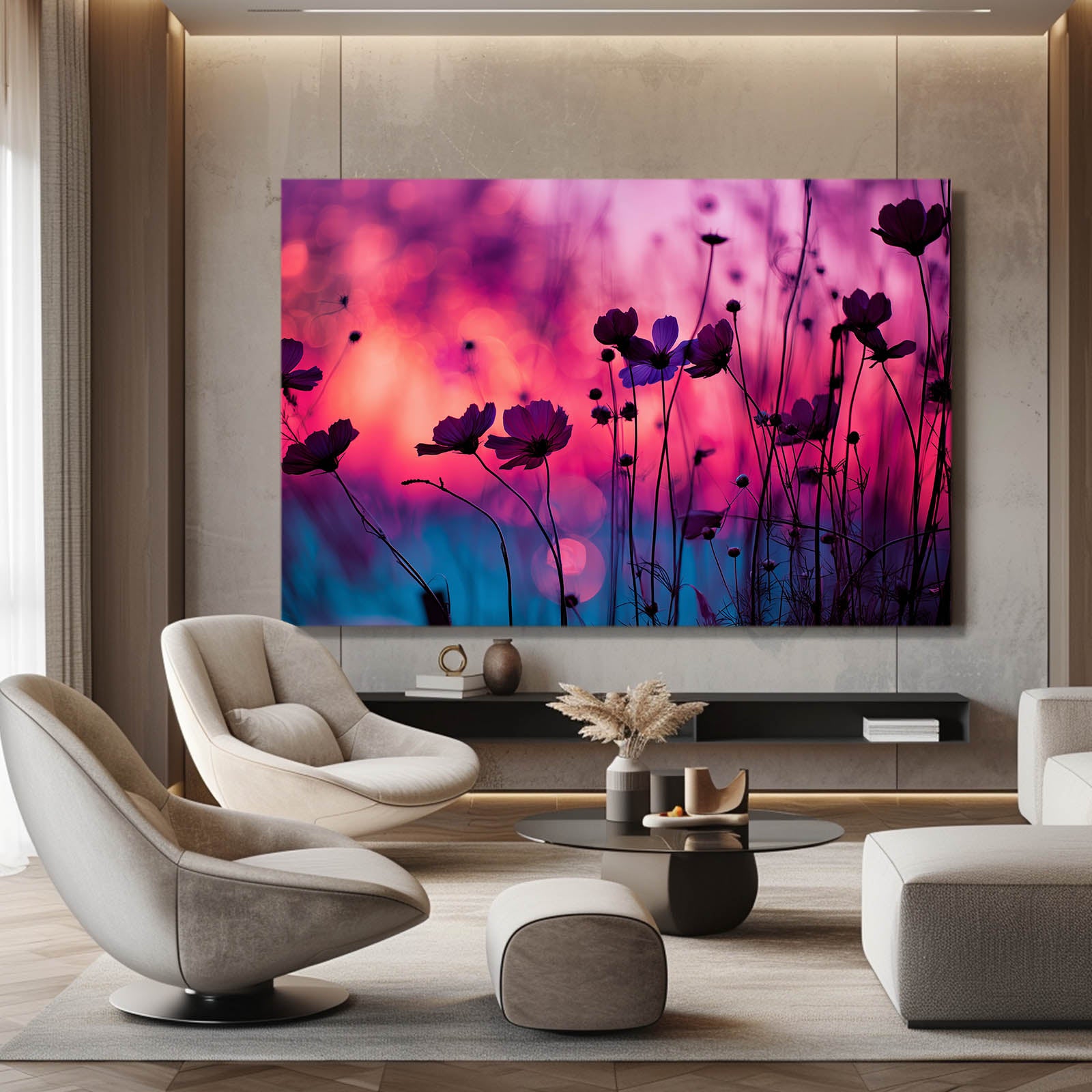 Purple Wildflower Night Photography Canvas – styled in a furnished interior