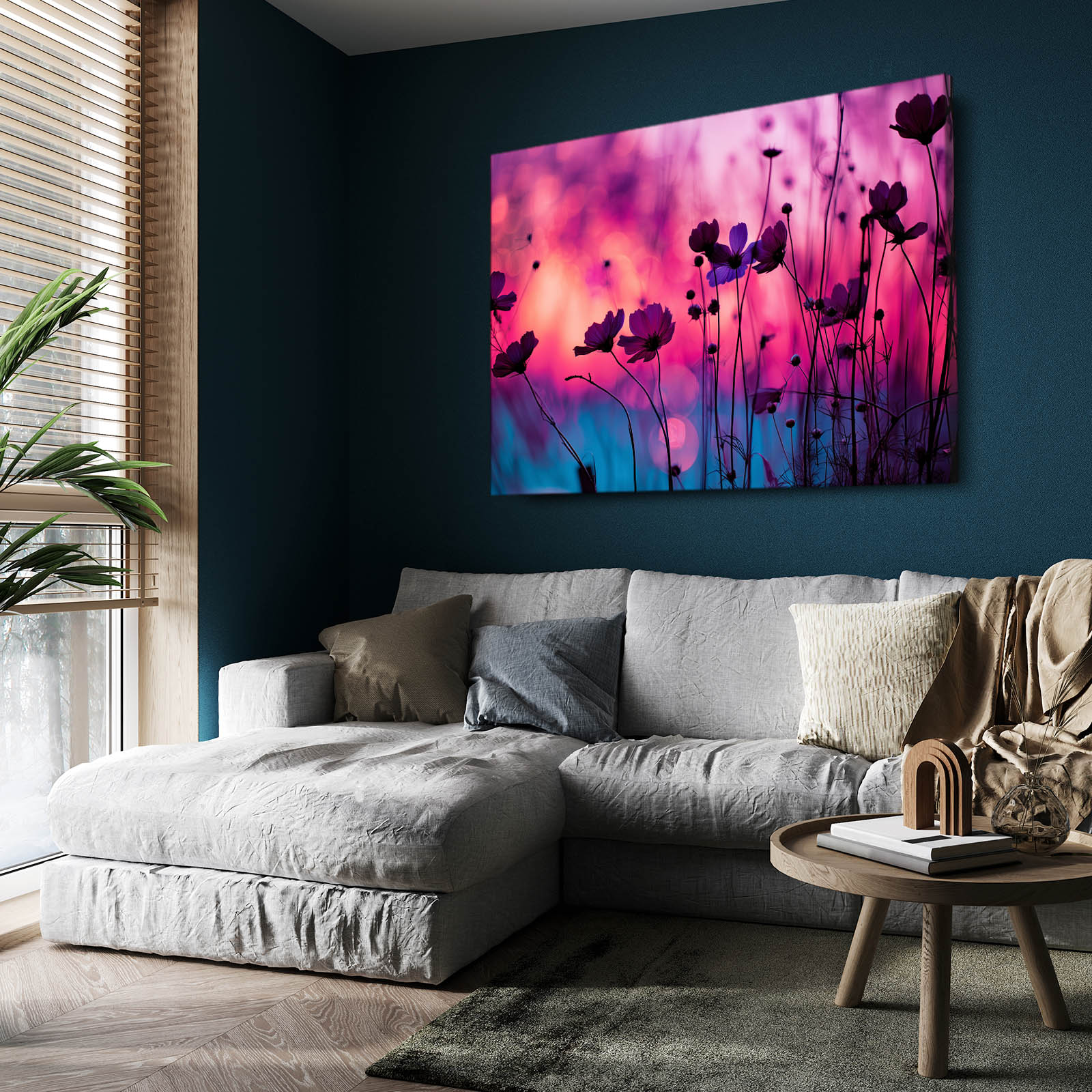 Purple Wildflower Night Photography Canvas – styled in a furnished interior
