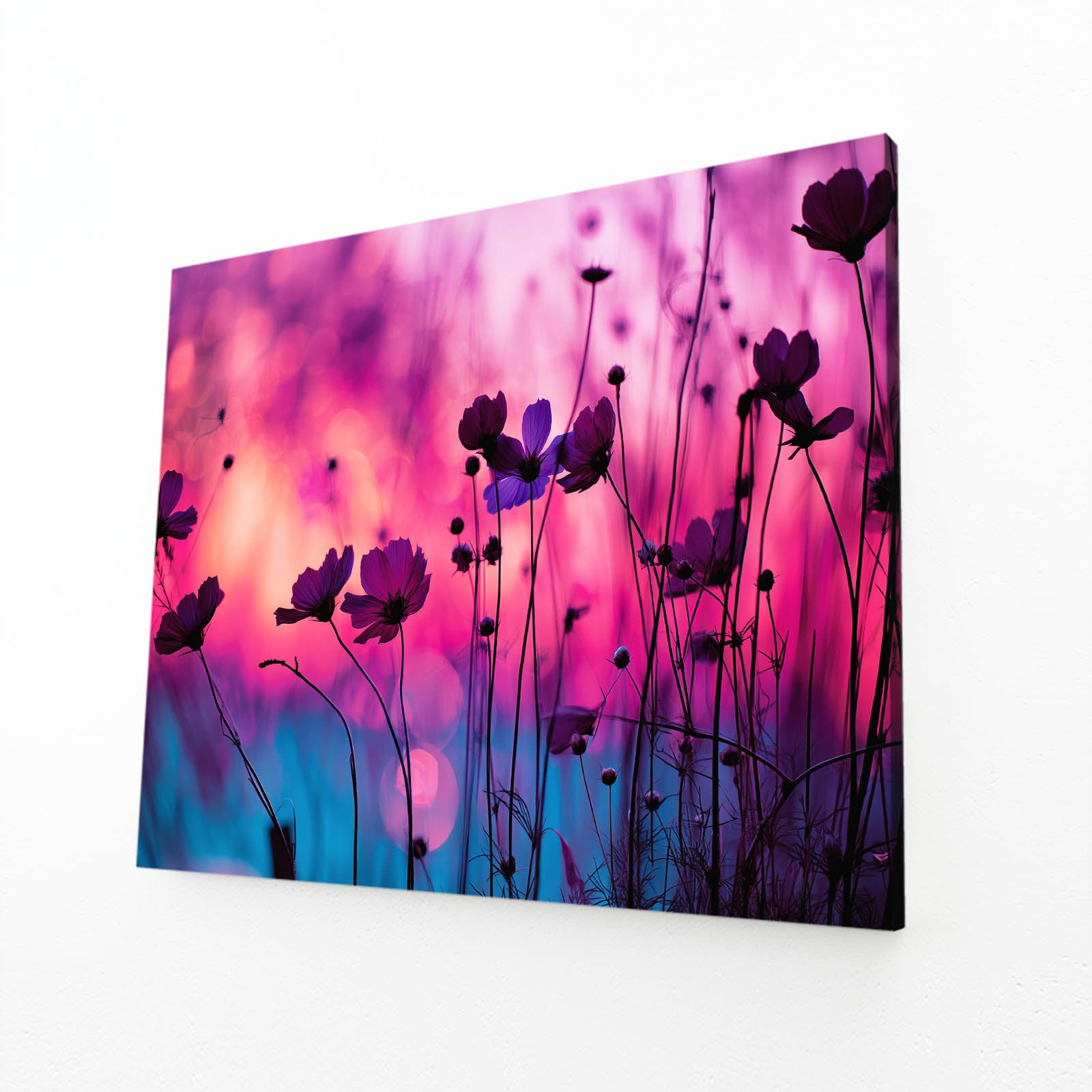 Purple Wildflower Night Photography Canvas – angled canvas view on white background