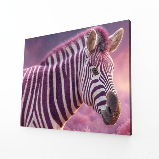 Purple Zebra Art – angled canvas view on white background