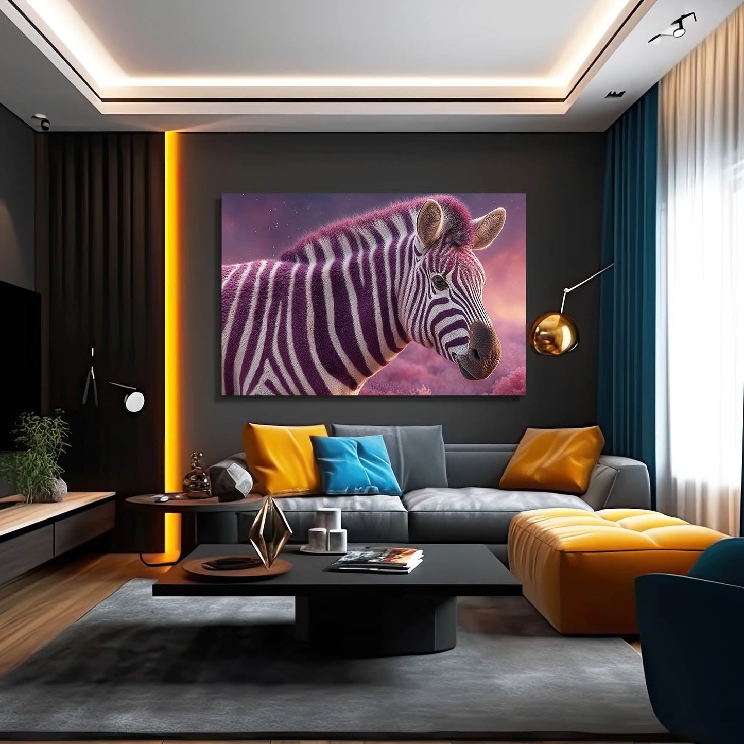 Purple Zebra Art – styled in a furnished interior