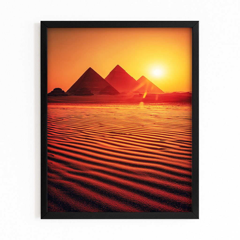 Pyramid Desert Sunset Egyptian Art – with Premium Black frame on white background