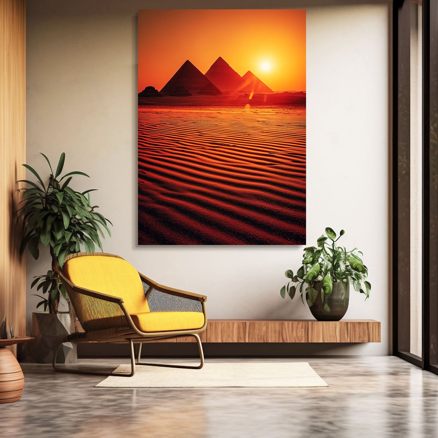 Pyramid Desert Sunset Egyptian Art – styled in a furnished interior