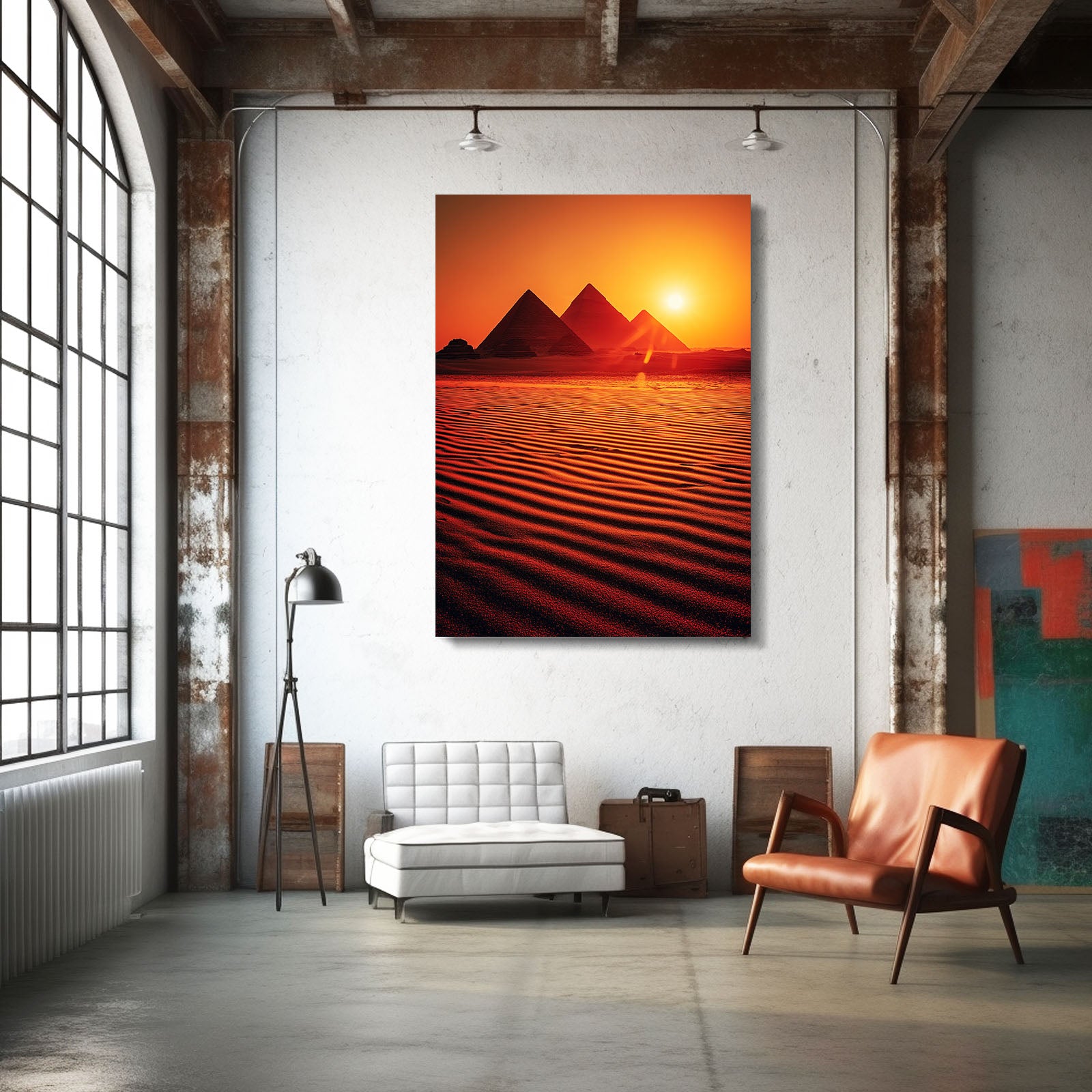 Pyramid Desert Sunset Egyptian Art – styled in a furnished interior