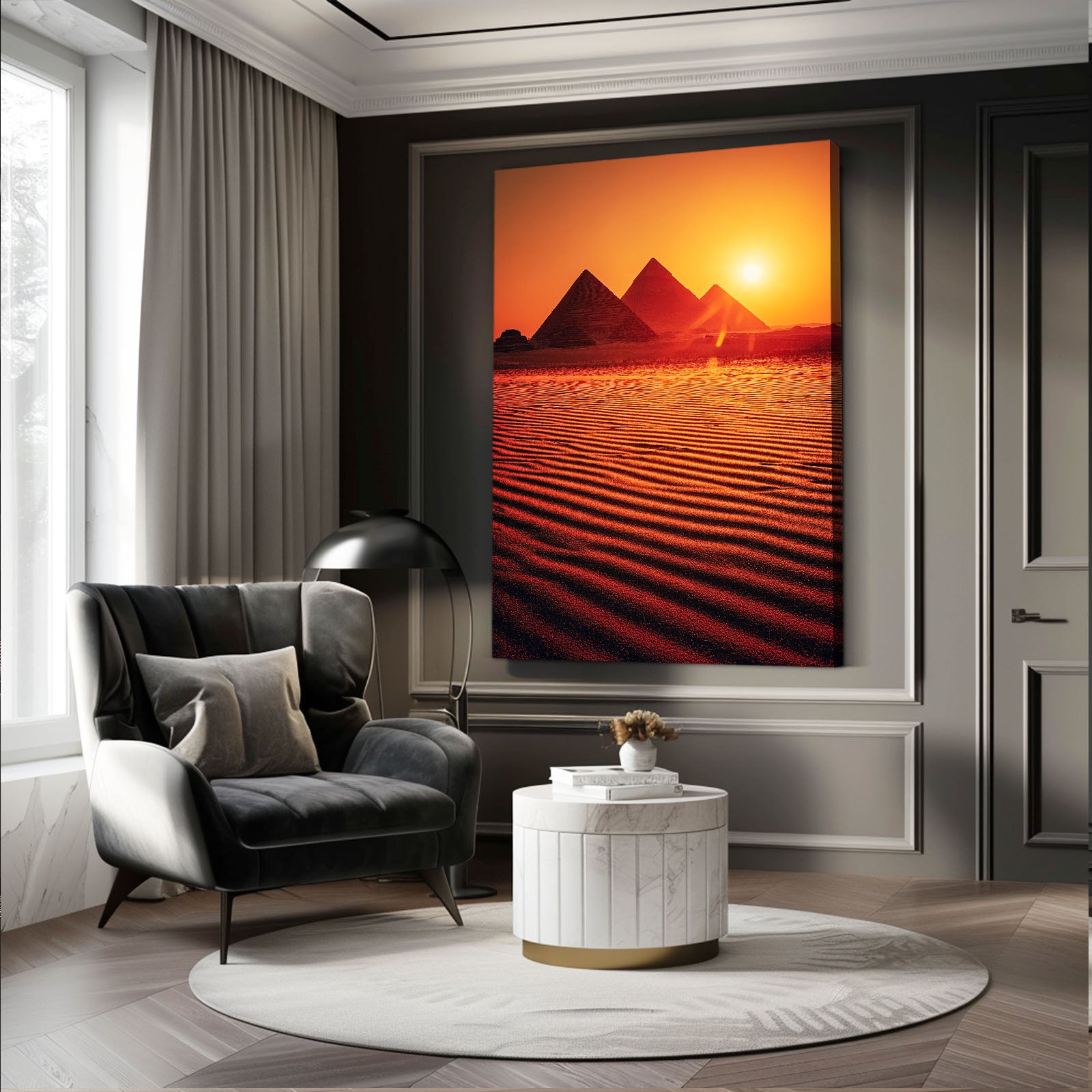 Pyramid Desert Sunset Egyptian Art – styled in a furnished interior