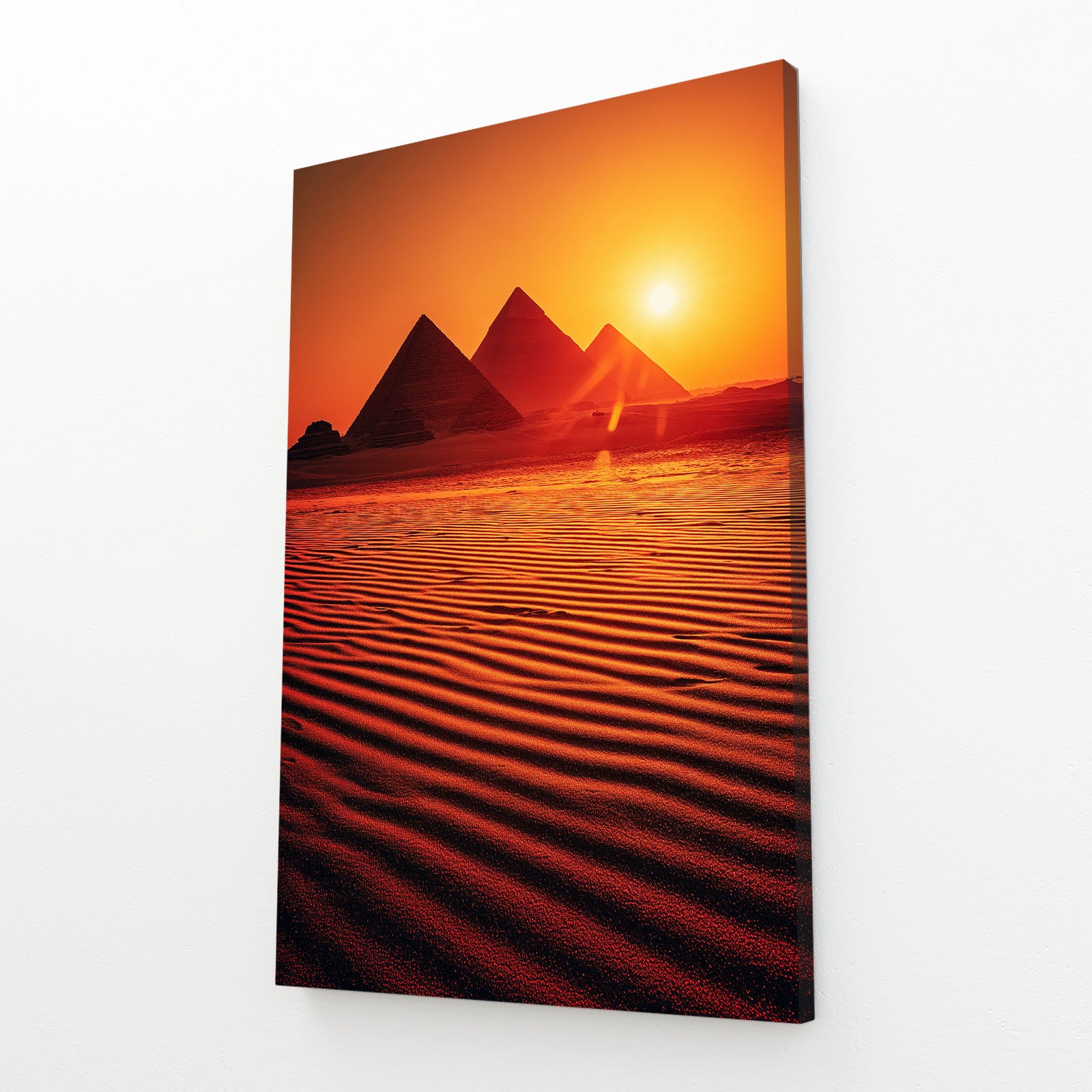 Pyramid Desert Sunset Egyptian Art – angled canvas view on white background