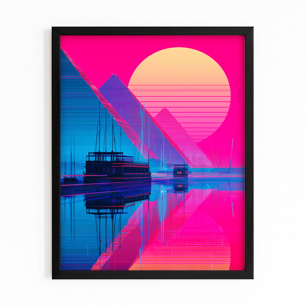 Pyramid Sunset Silhouette Egyptian Canvas Art – with Premium Black frame on white background