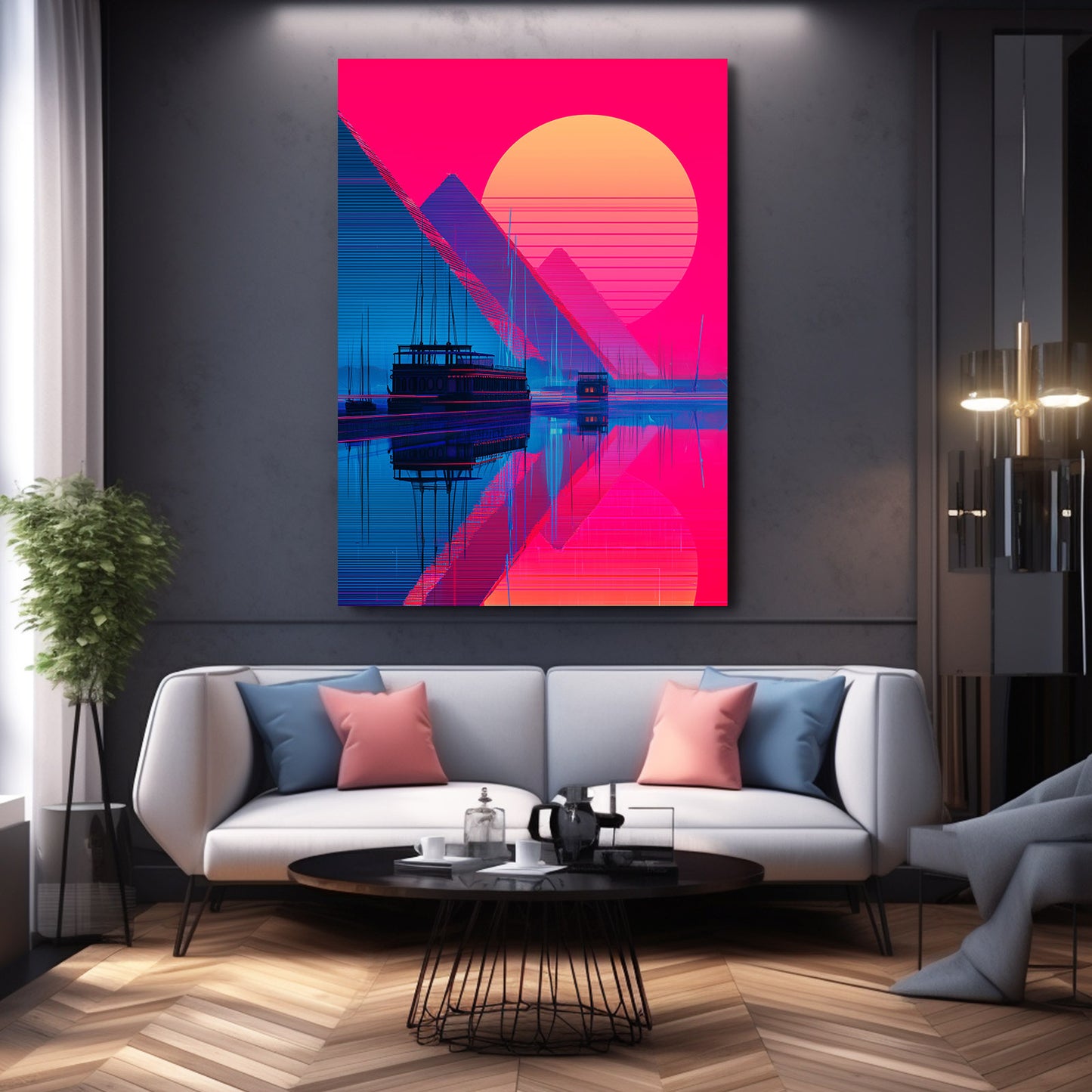 Pyramid Sunset Silhouette Egyptian Canvas Art – styled in a furnished interior