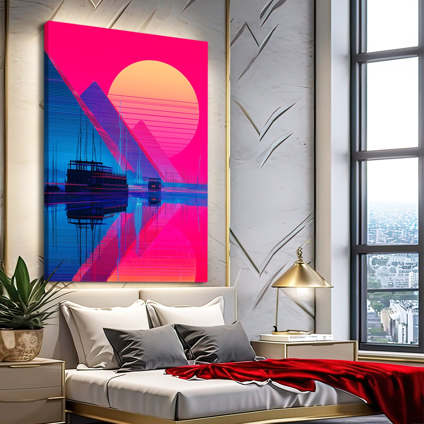 Pyramid Sunset Silhouette Egyptian Canvas Art – styled in a furnished interior