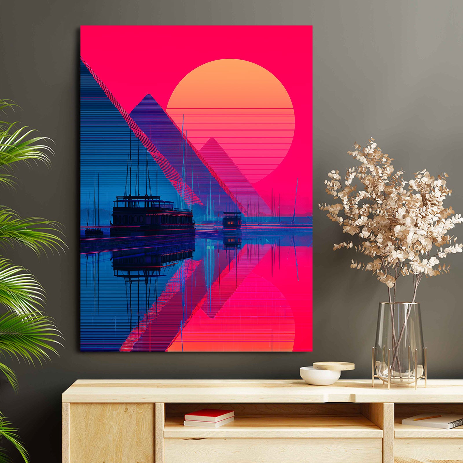 Pyramid Sunset Silhouette Egyptian Canvas Art – styled in a furnished interior