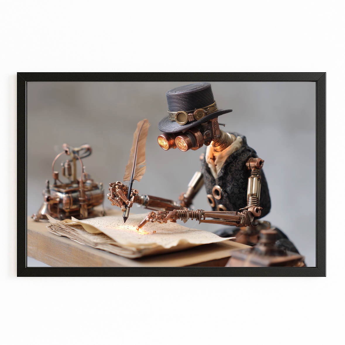 Quill Scholar Scene Steampunk Canvas Art – with Premium Black frame on white background