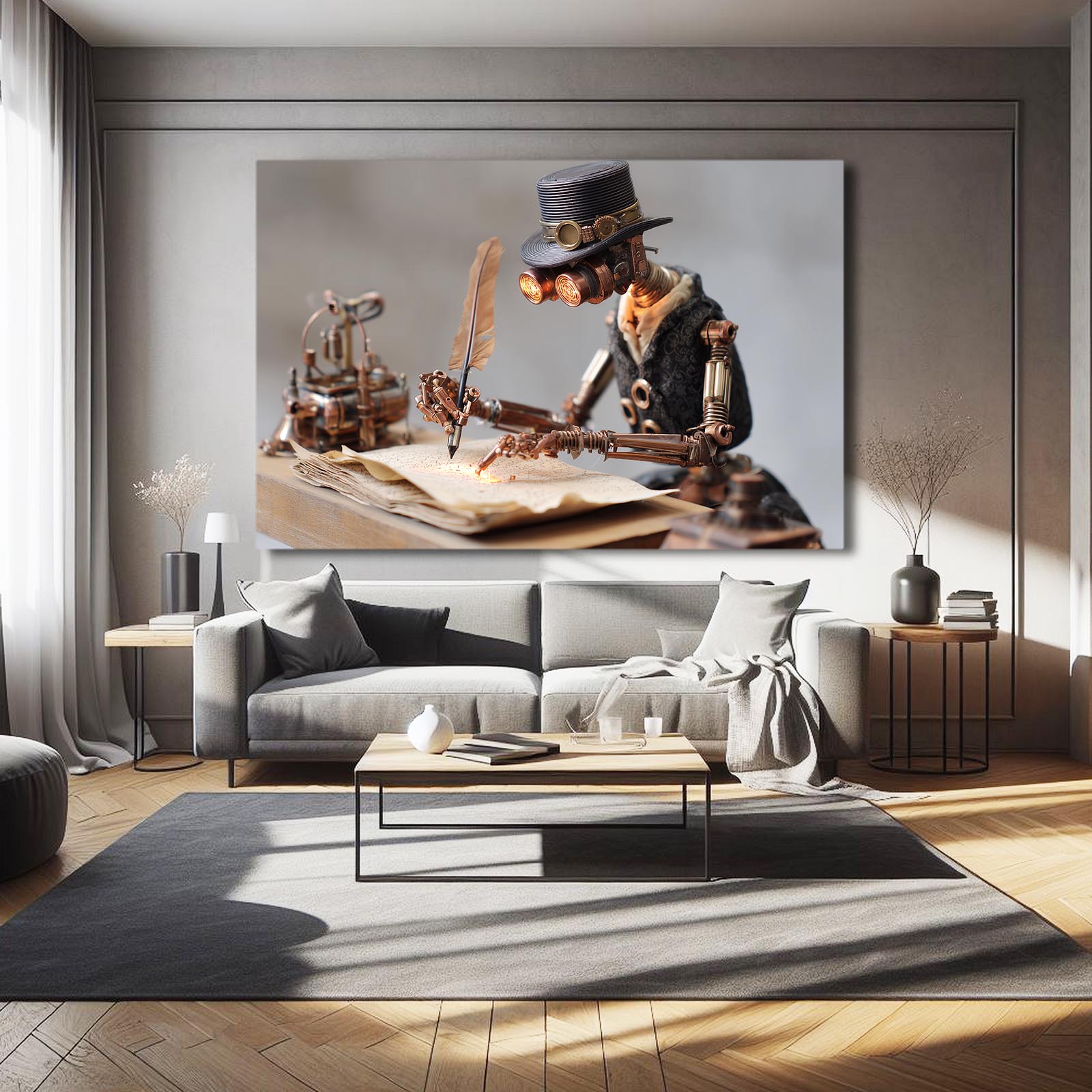 Quill Scholar Scene Steampunk Canvas Art – styled in a furnished interior