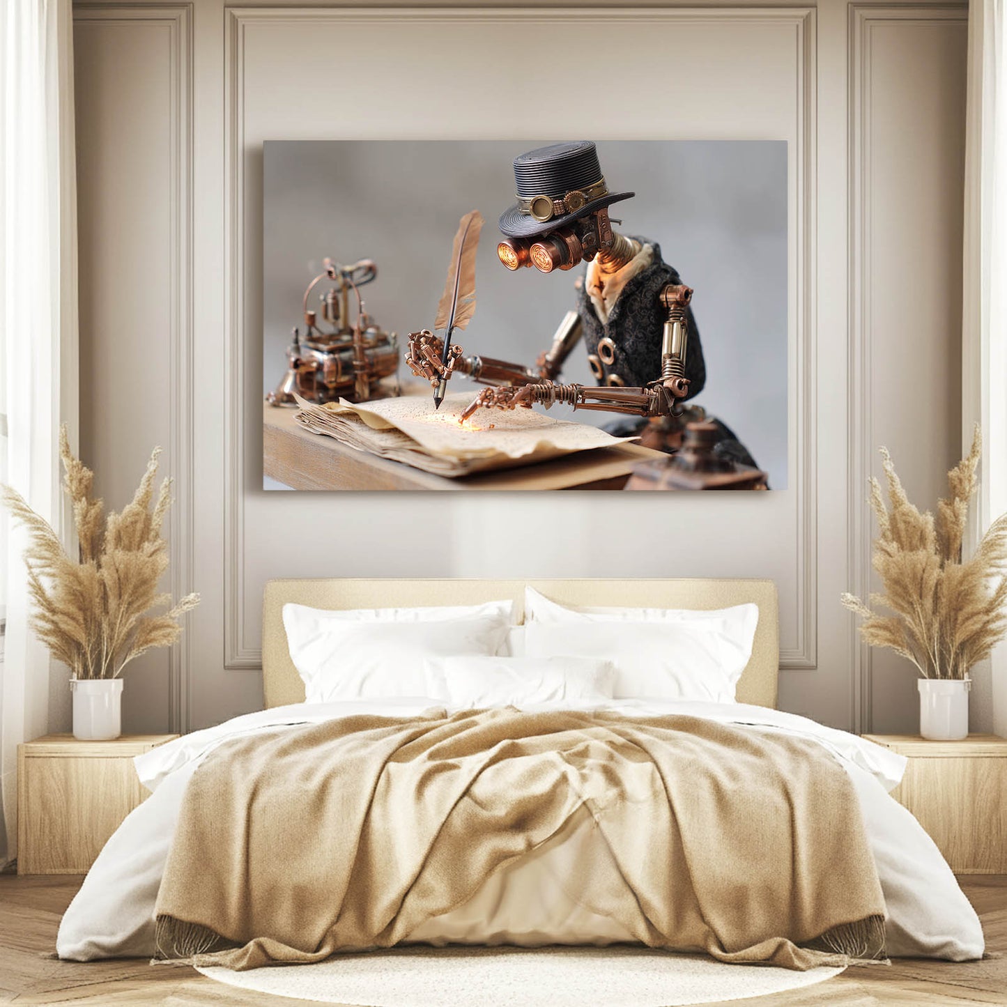 Quill Scholar Scene Steampunk Canvas Art – styled in a furnished interior