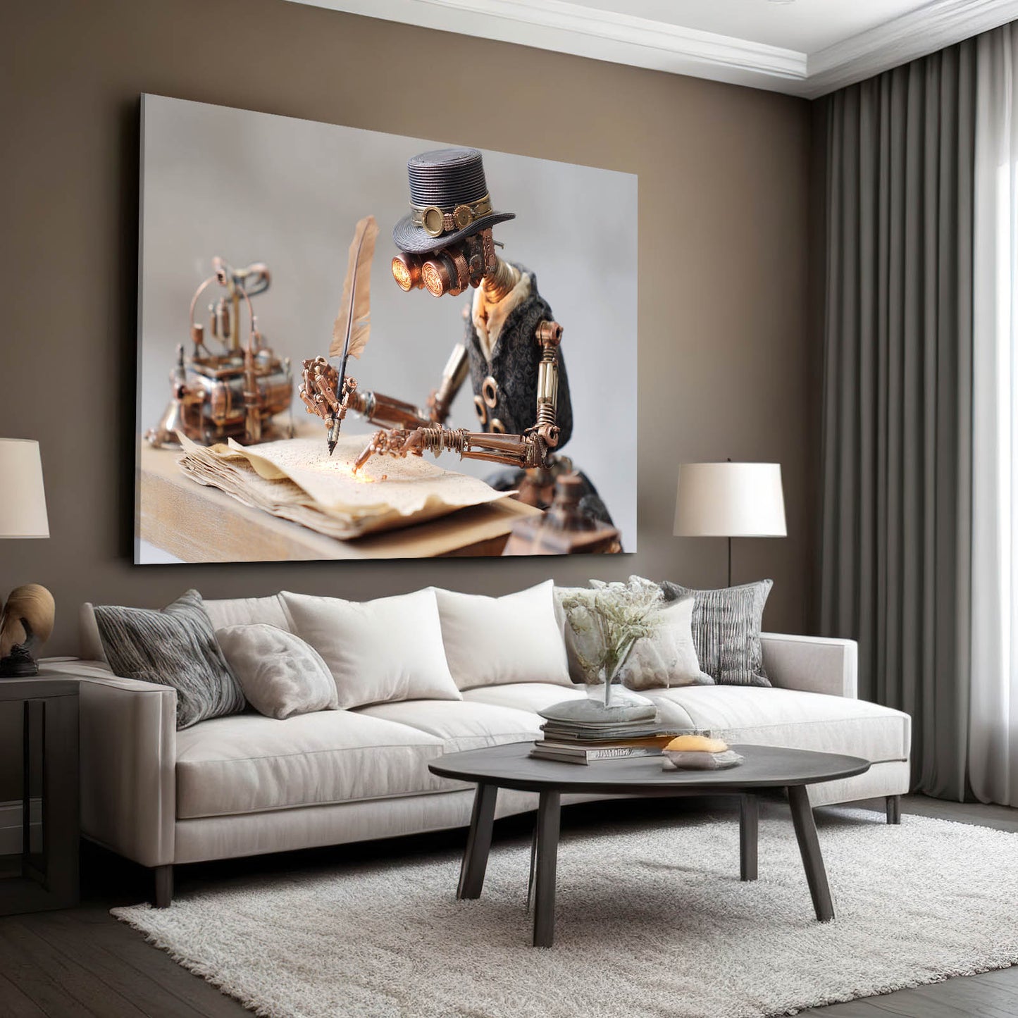 Quill Scholar Scene Steampunk Canvas Art – styled in a furnished interior