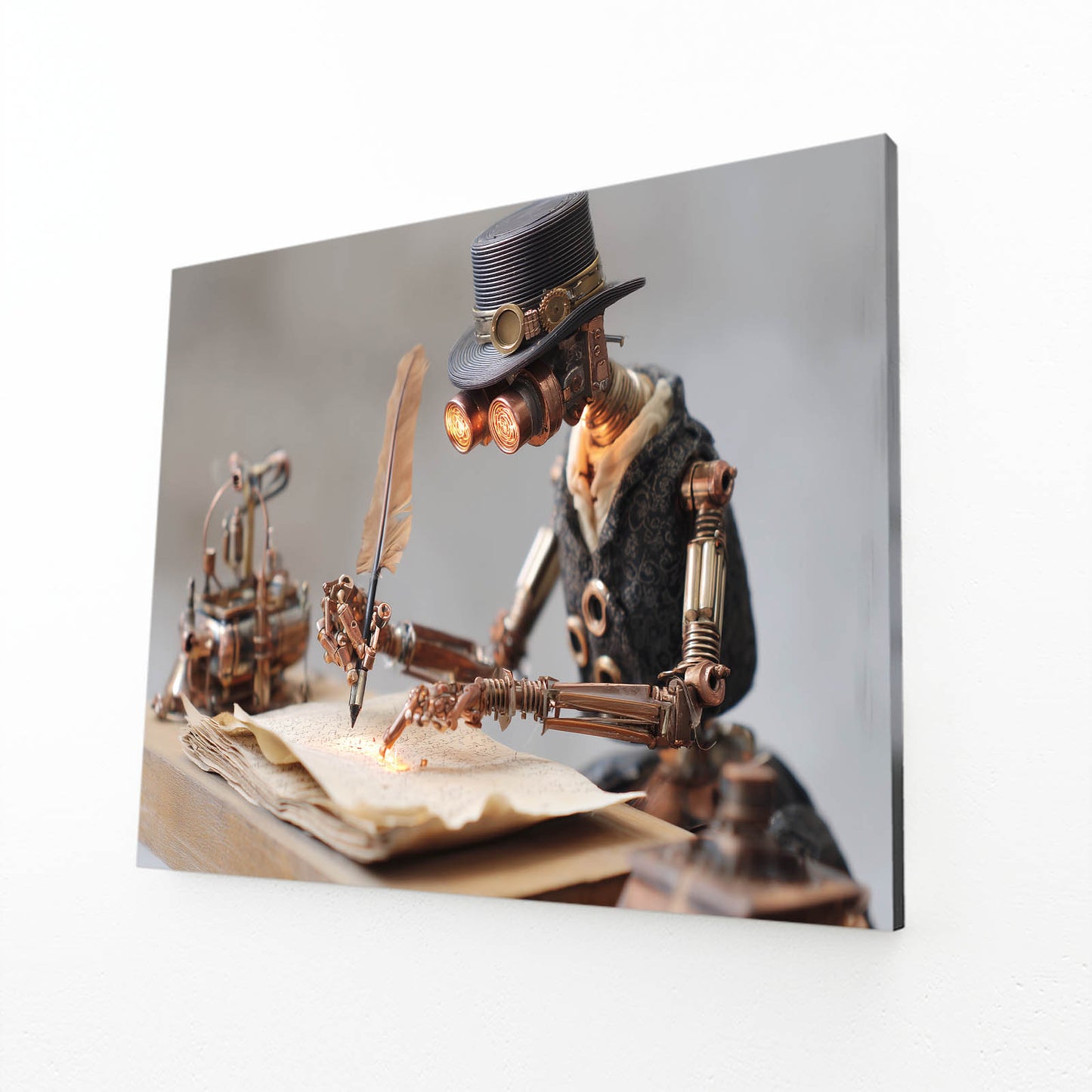 Quill Scholar Scene Steampunk Canvas Art – angled canvas view on white background