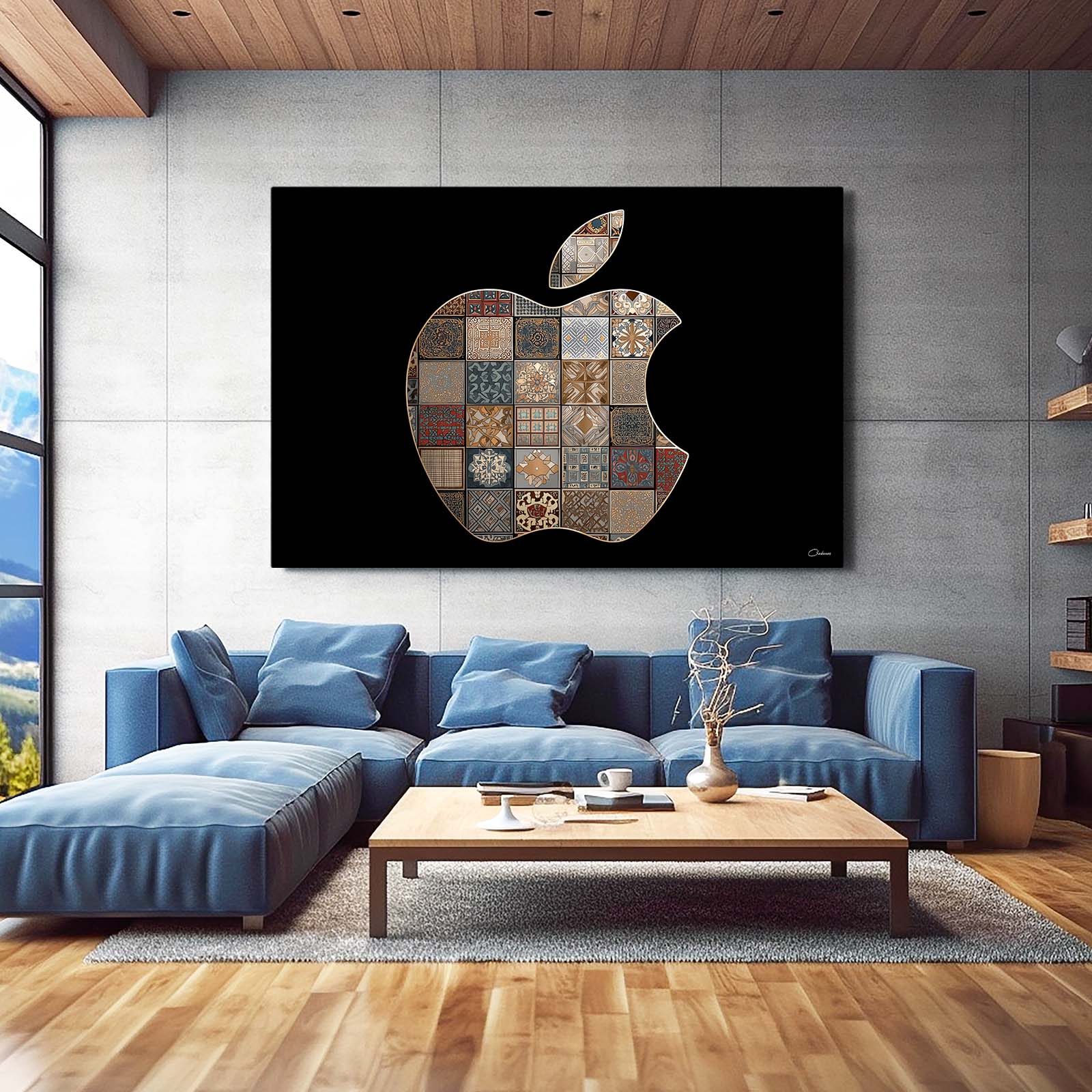 Quilt Patch Logo Apple Canvas Art – styled in a furnished interior