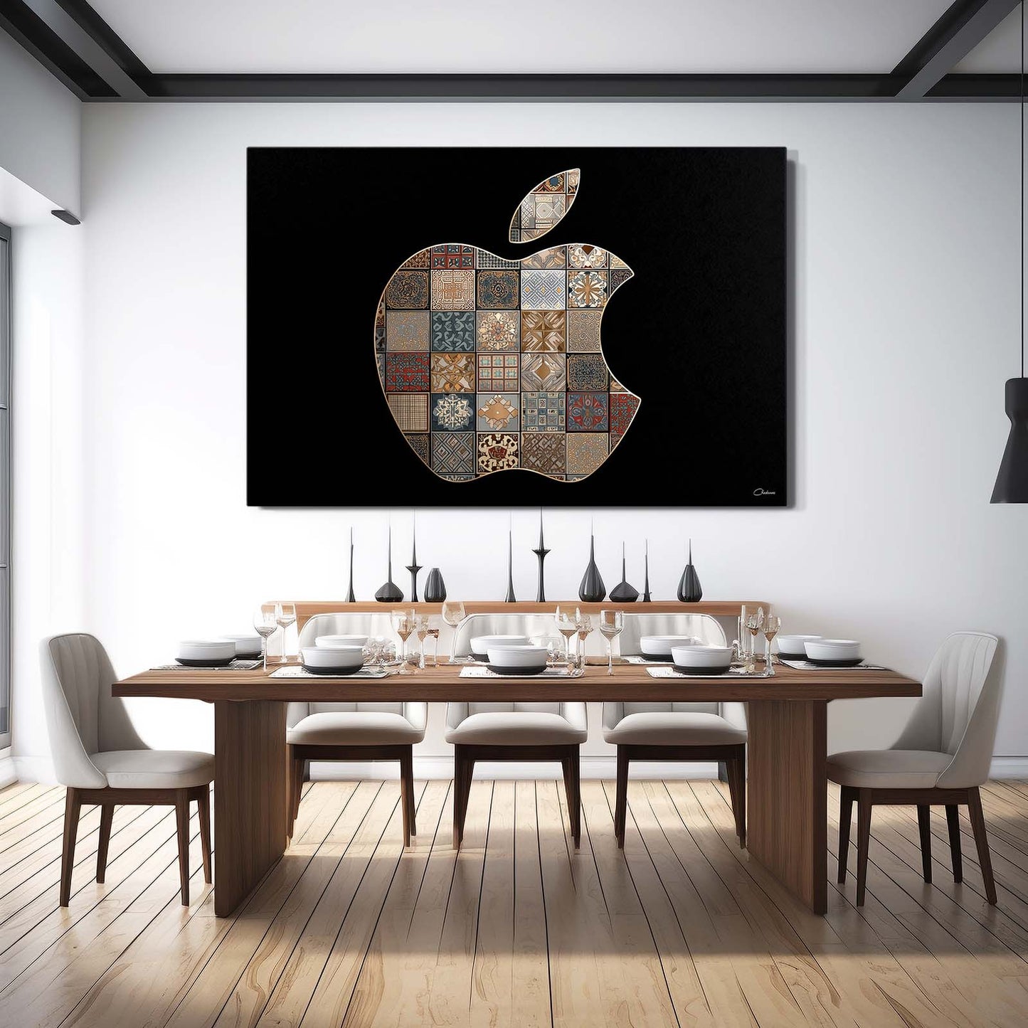 Quilt Patch Logo Apple Canvas Art – styled in a furnished interior