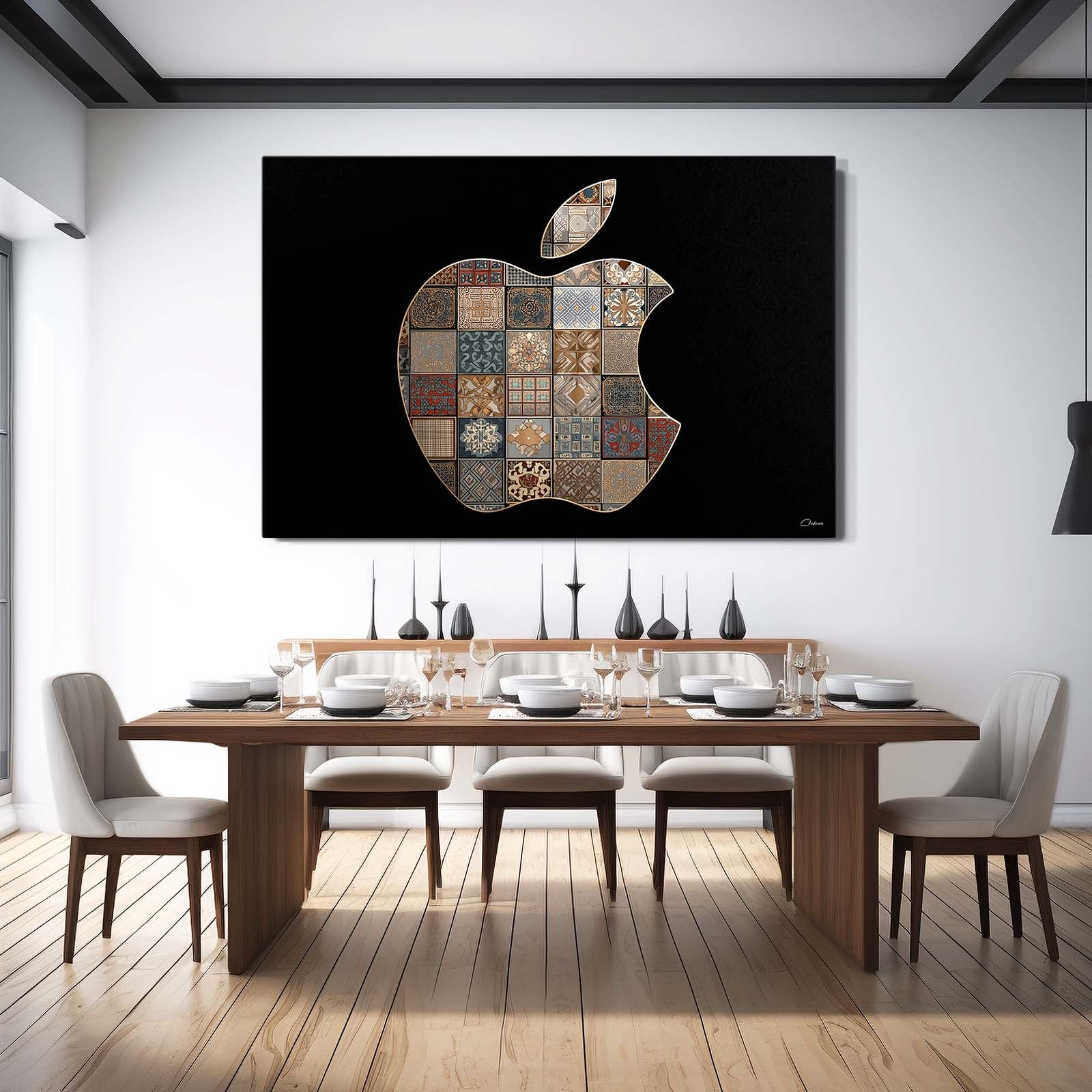 Quilt Patch Logo Apple Canvas Art – styled in a furnished interior