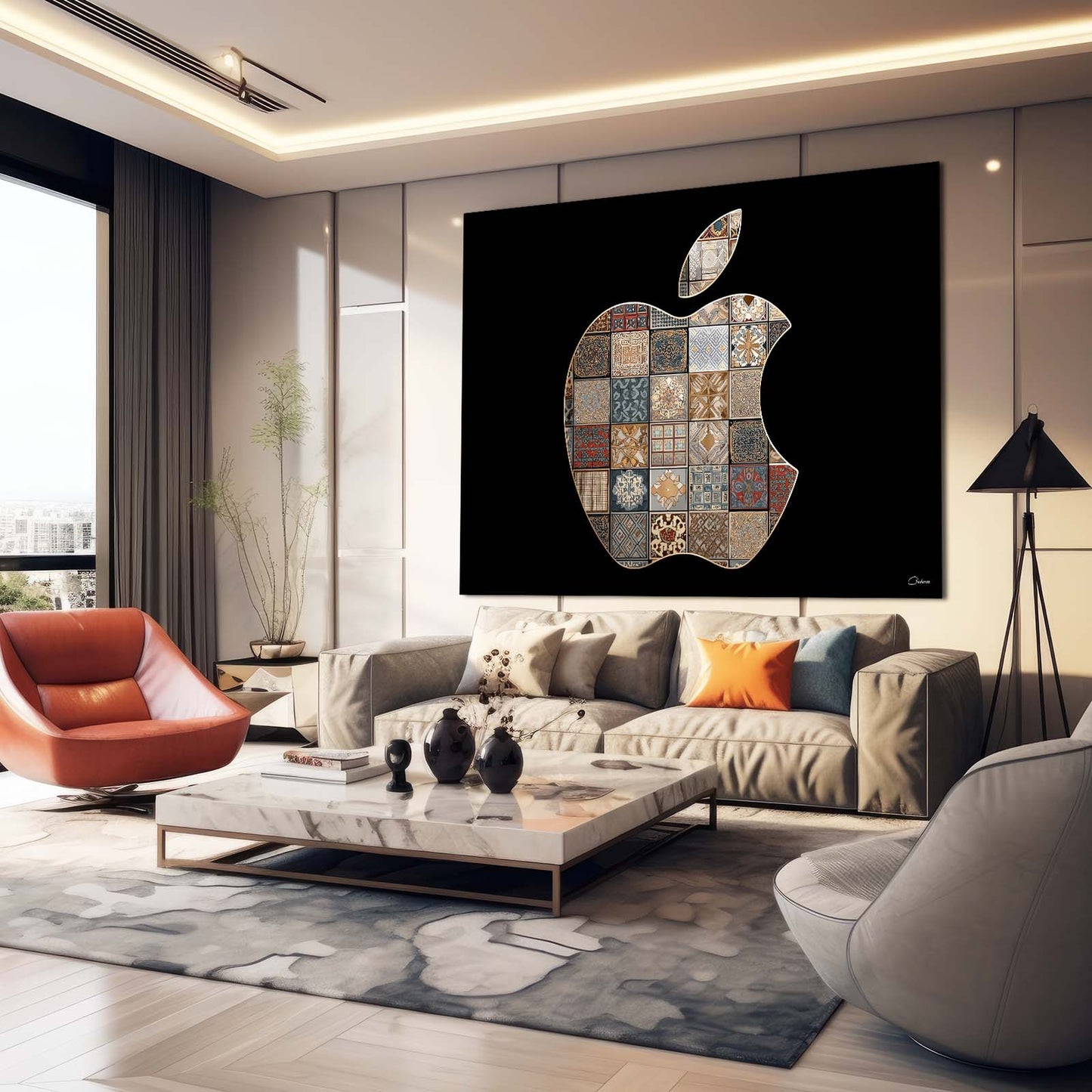 Quilt Patch Logo Apple Canvas Art – styled in a furnished interior