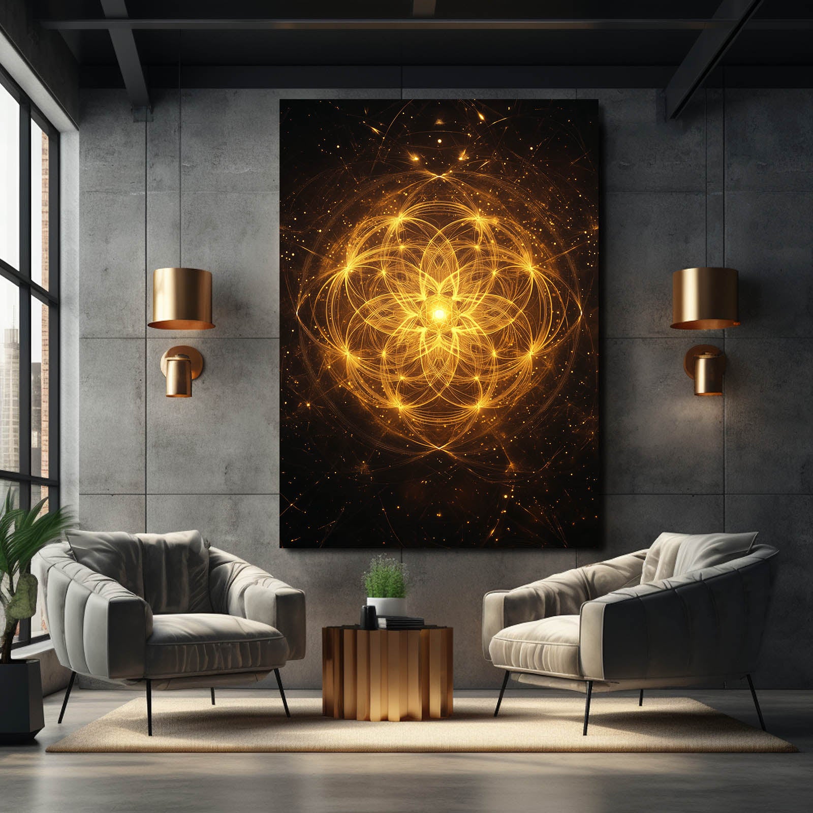 Radiant Cosmic Mandala Flower Of Life Wall Decor – styled in a furnished interior