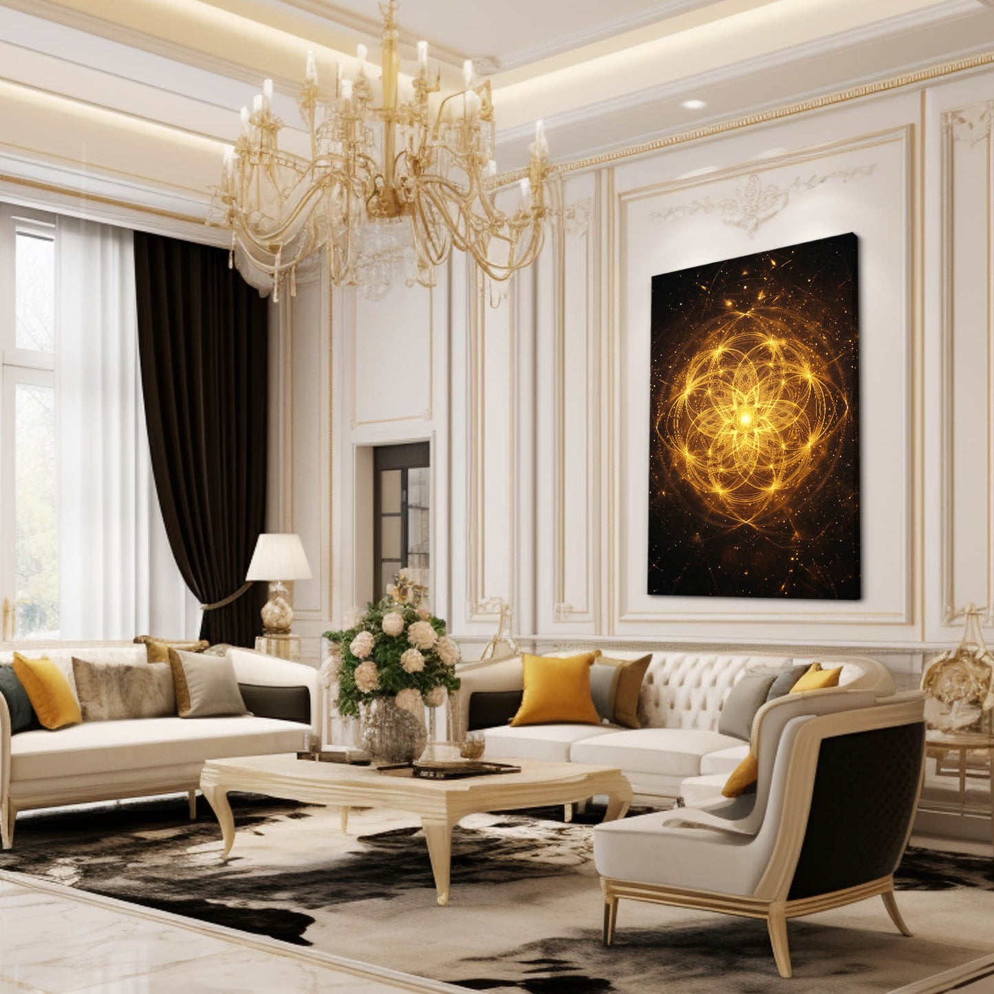 Radiant Cosmic Mandala Flower Of Life Wall Decor – styled in a furnished interior