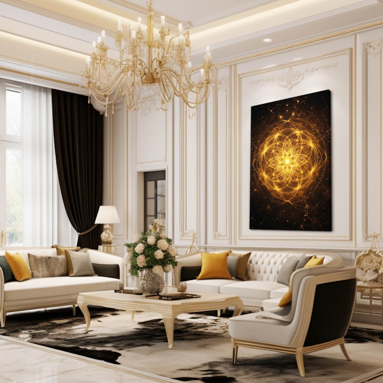 Radiant Cosmic Mandala Flower Of Life Wall Decor – styled in a furnished interior