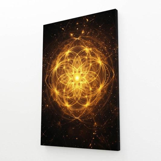 Radiant Cosmic Mandala Flower Of Life Wall Decor – angled canvas view on white background