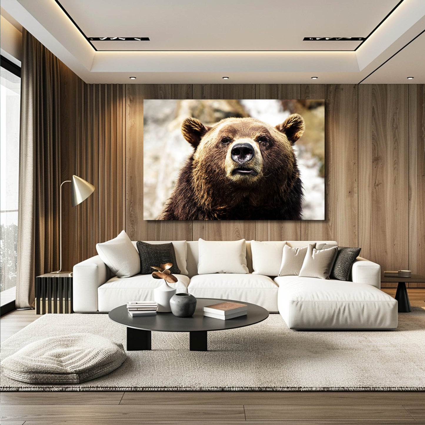 Rain Soaked Portrait Bear Wall Decor — photography canvas print, styled in a furnished interior