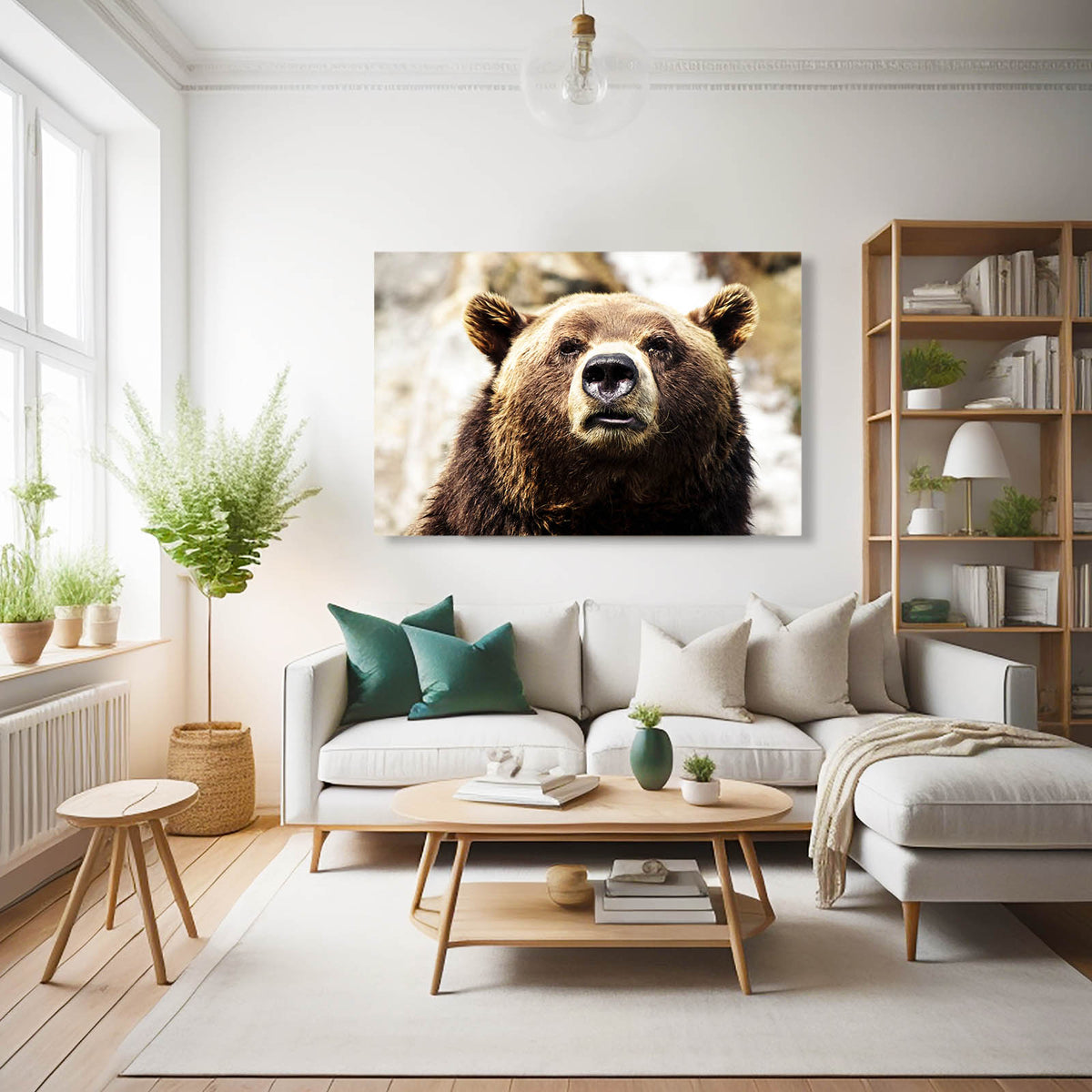 Rain Soaked Portrait Bear Wall Decor — photography canvas print, styled in a furnished interior