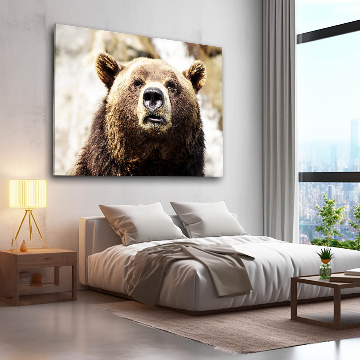 Rain Soaked Portrait Bear Wall Decor — photography canvas print, styled in a furnished interior