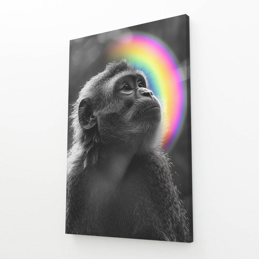 Rainbow Arc Gaze Monkey Wall Art – angled canvas view on white background