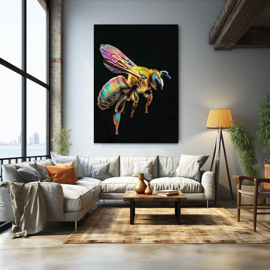 Rainbow Bee Art — 3d canvas print in black tones, view 3